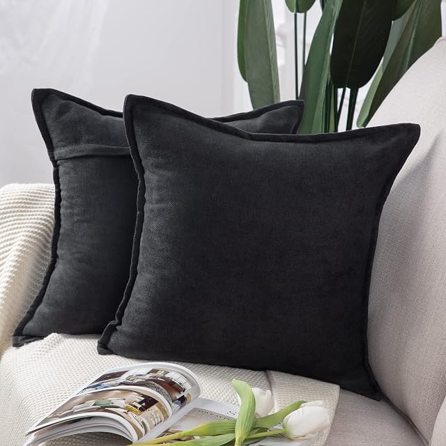 Madizz Set of 2 Short Chenille Throw Pillow Covers 20x20 Inch Black Soft Decorative Cushion Cover for Sofa Bedroom Pillow Shell