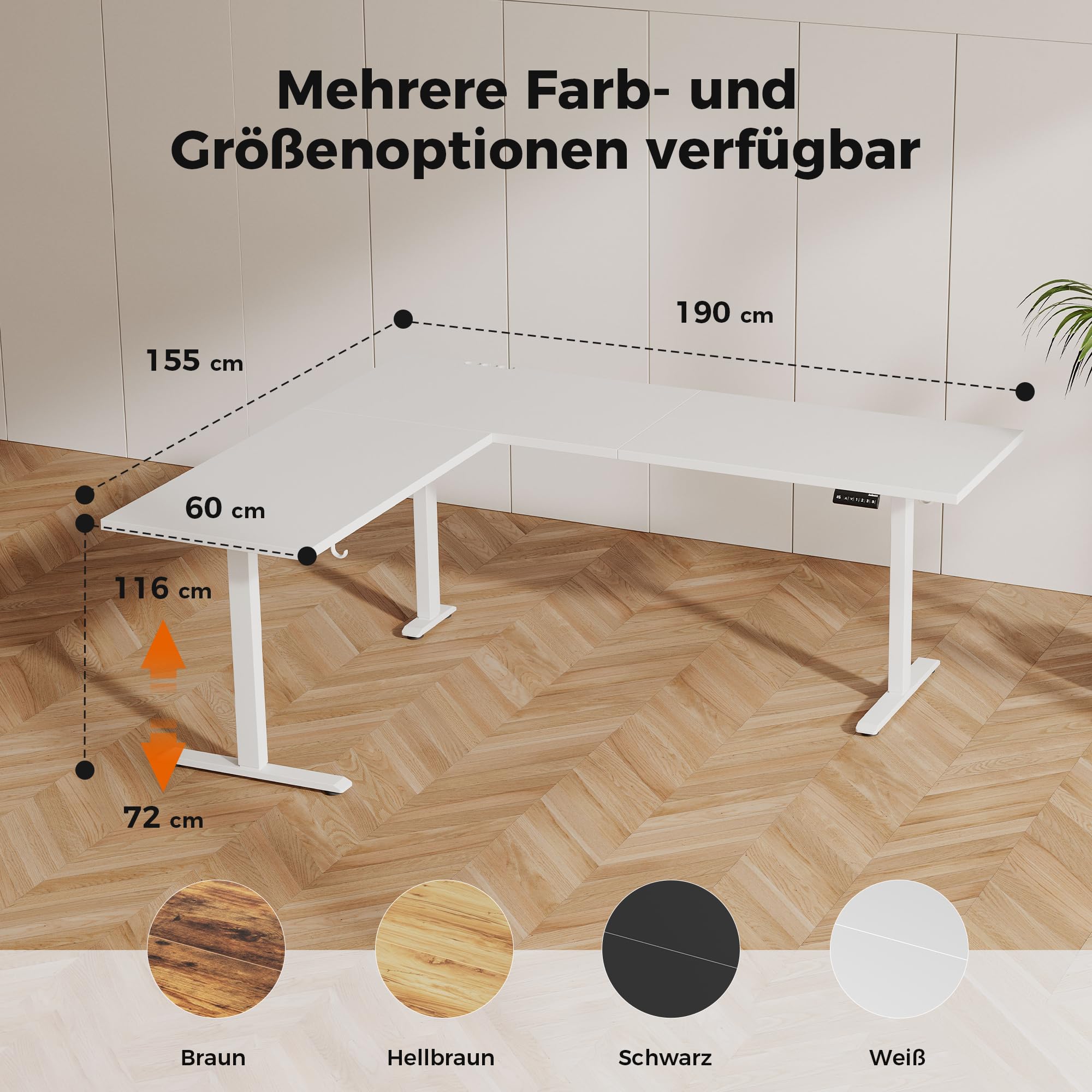 Agilestic L-förmig Höhenverstellbarer Schreibtisch mit den Maßen 190 x 155 cm, Ergonomischer Computertisch mit Stehen und Sitzen, Konzipiert für Eckräume, Weiß