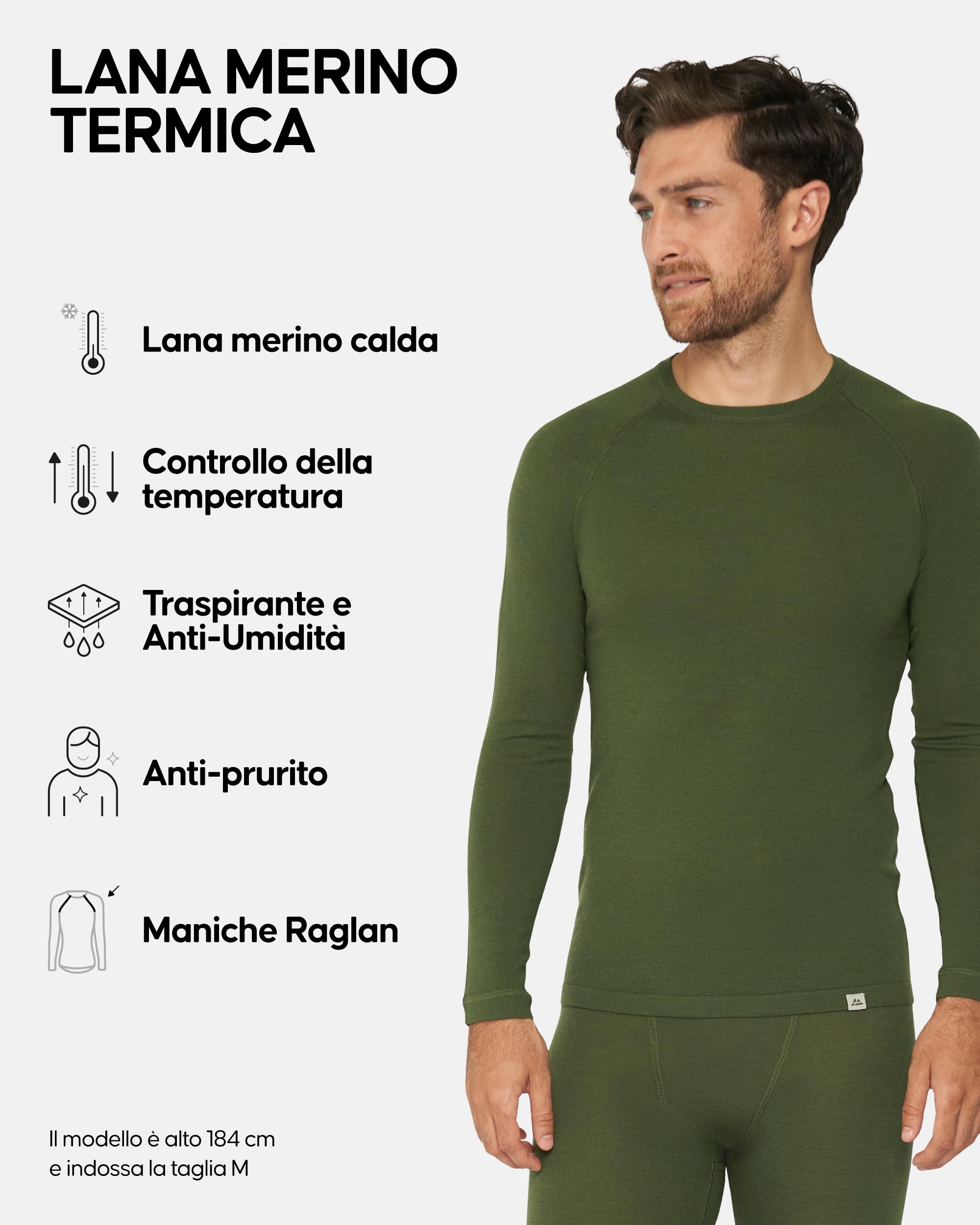 DANISH ENDURANCE Maglia Termica Uomo in Lana Merino, Manica Lunga, per Sci, Trekking, Escursionismo con o Senza Chiusura Zip