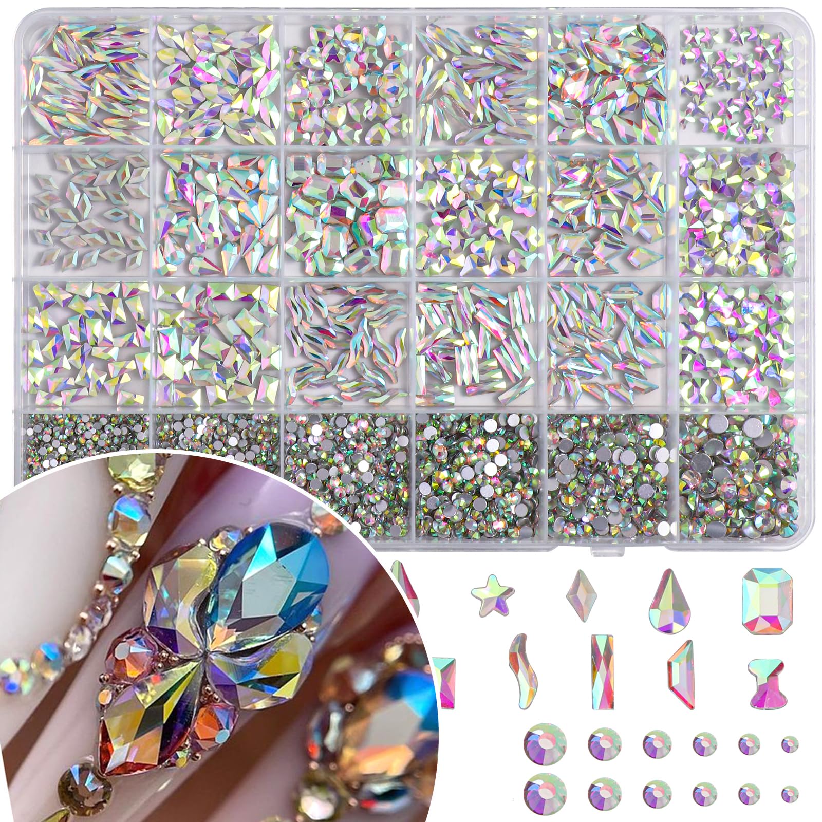 AB-Colors - Kit di strass per nail art, con retro piatto | Strass di cristallo AB con retro piatto, multi forme, diamanti per nail art, artigianato, vestiti, scarpe, gioielli