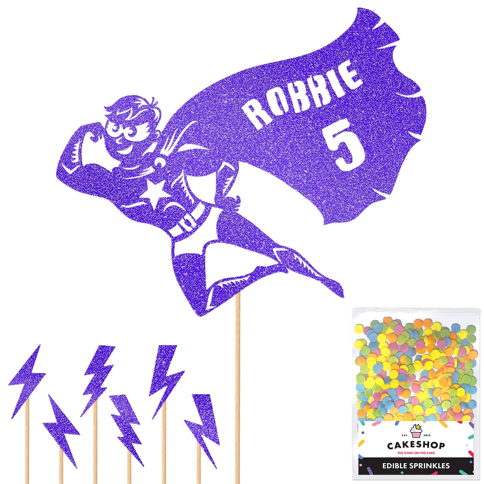 Personalised Superhero Comic Glitter Cake Topper- Bright Blue Any Custom Age & Name Glitter Cake Decoration and Sprinkles - Happy Birthday Decorations - Personalised Toppers for Cakes by Cakeshop — image 1