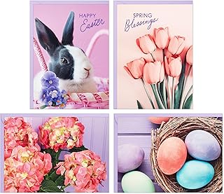 Hallmark Easter Card Pack (24 Notecards with Envelopes, 4 Designs) Pink Tulips, Pastel Eggs, Easter Bunny