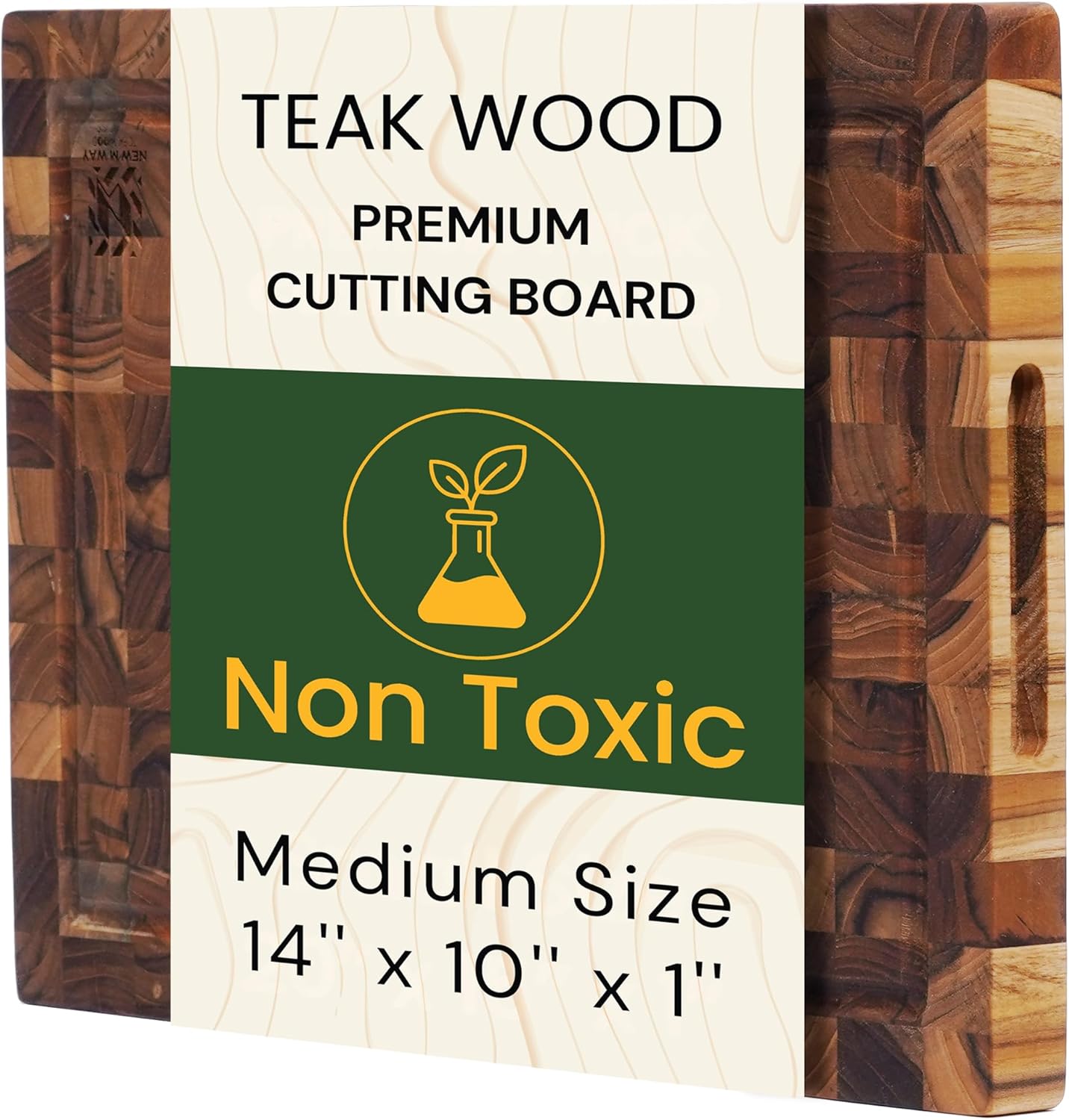 Teak Wood End Grain Cutting Board 13.8 x 9.8 Inch, Solid Wood Kitchen Cutting Board for Meat & Daily Prep, Knife-Friendly Cutting Board with Juice Groove & Handle by New M Way