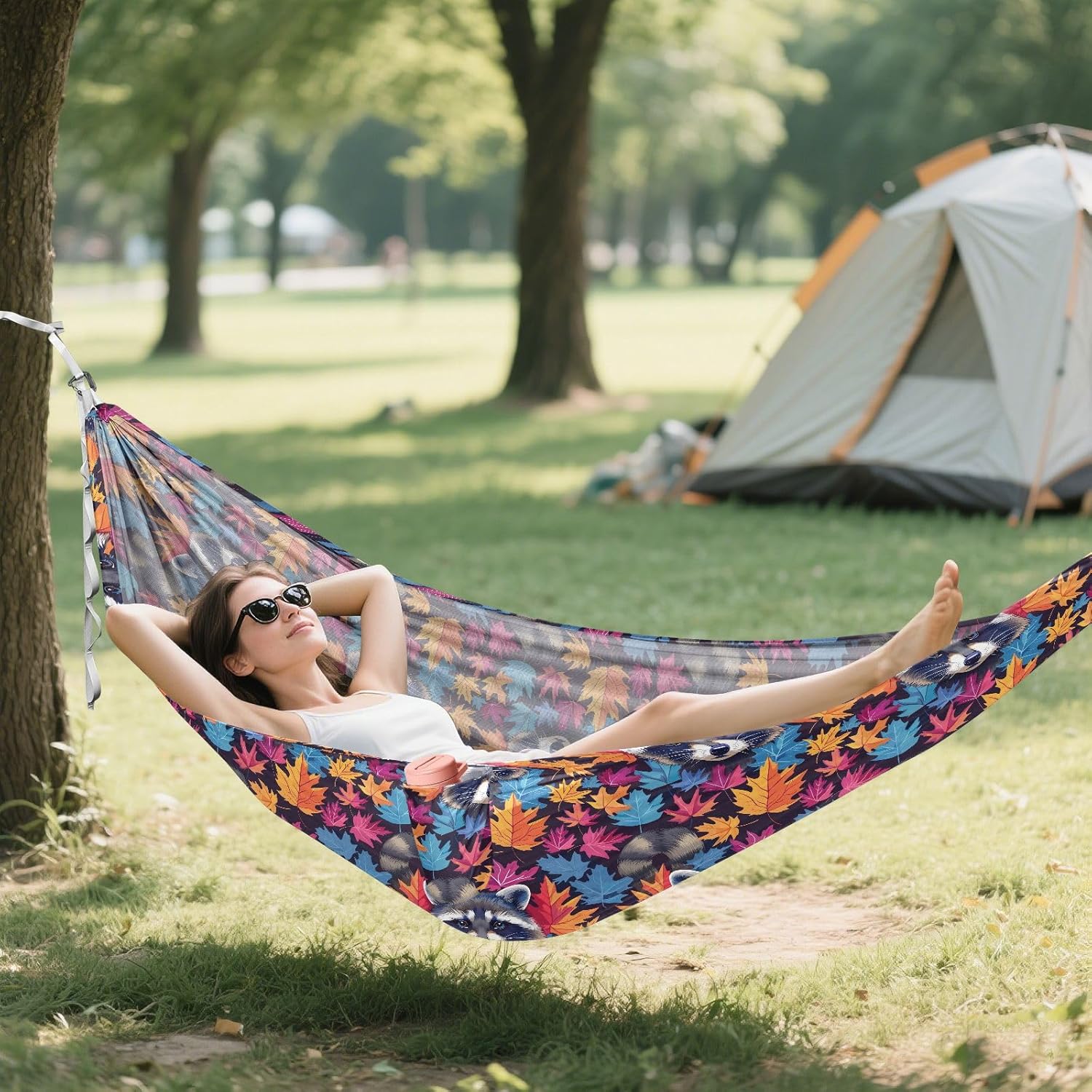 ALAZA Raccoon Maple Leaves Rainbow Color Camping Hammocks Single or 2 Person 500 lbs Portable Parachute Travel Hammock w/Tree Straps for Hiking Backpacking Indoor Outdoor