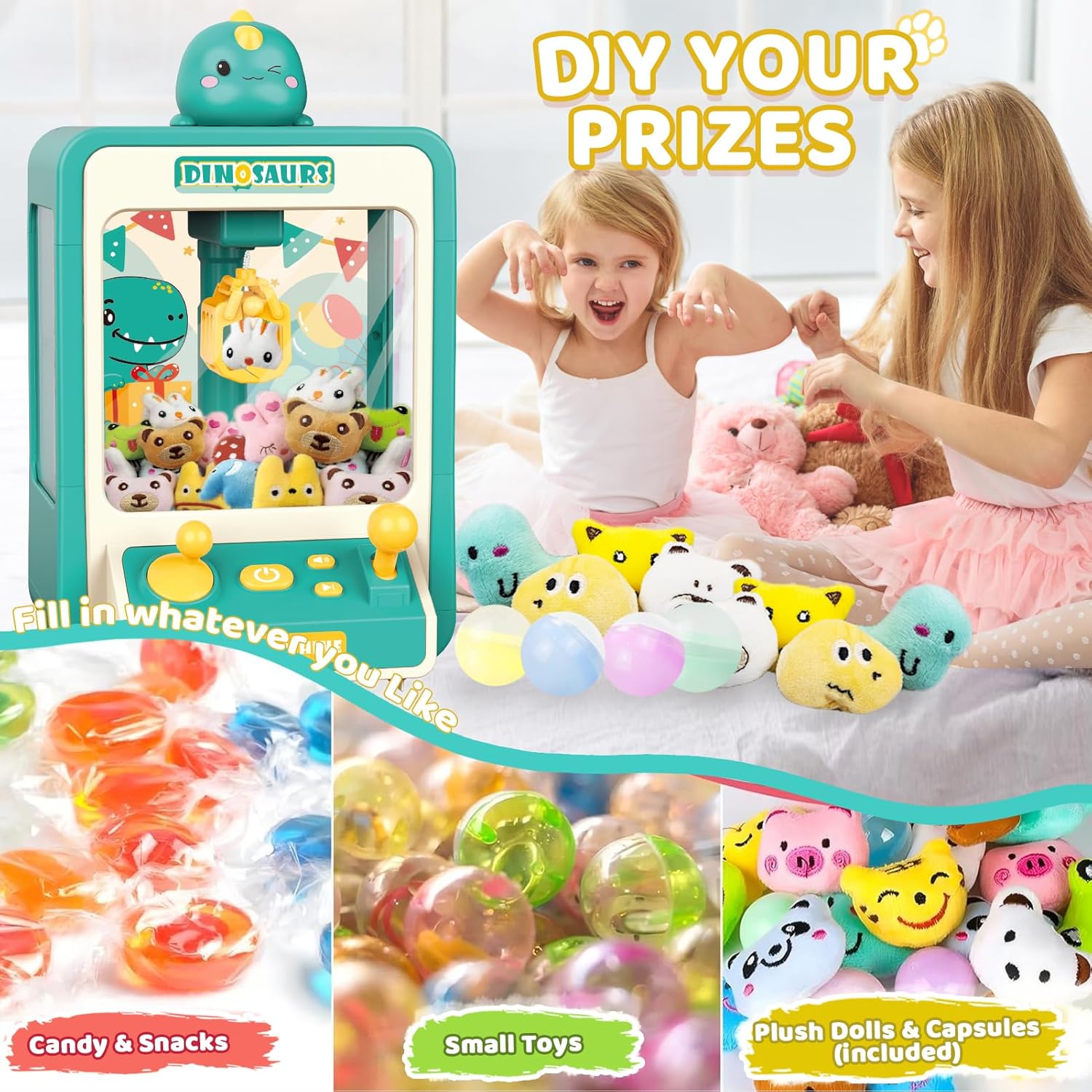 Claw Machine for Kids, Dinosaur Claw Machine Arcade Toy for Girls Boys 3+, Mini Vending Machine for Kids with 10 Mini Plush Toys, Electronic Party Prize Candy Dispenser Toy Game for Birthday Gift - Image 2