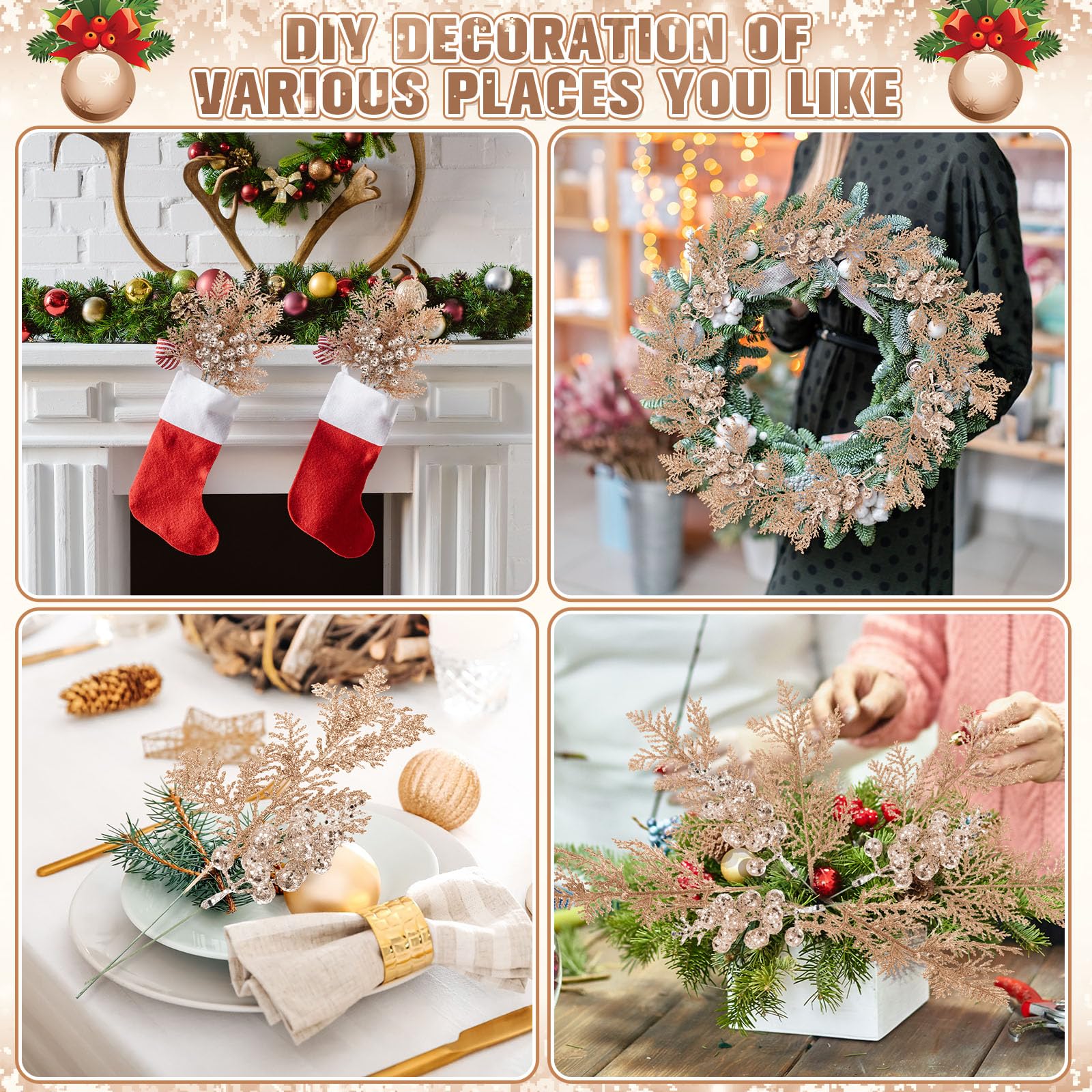Cindeer 80 Stück Champagner Gold Weihnachten Glitzer Beeren Stiele Tannennadeln Weihnachten Künstliche Picks Fake Floral Zweige Spray für Weihnachtsbaum Ornamente DIY Kranz Girlande Dekorationen