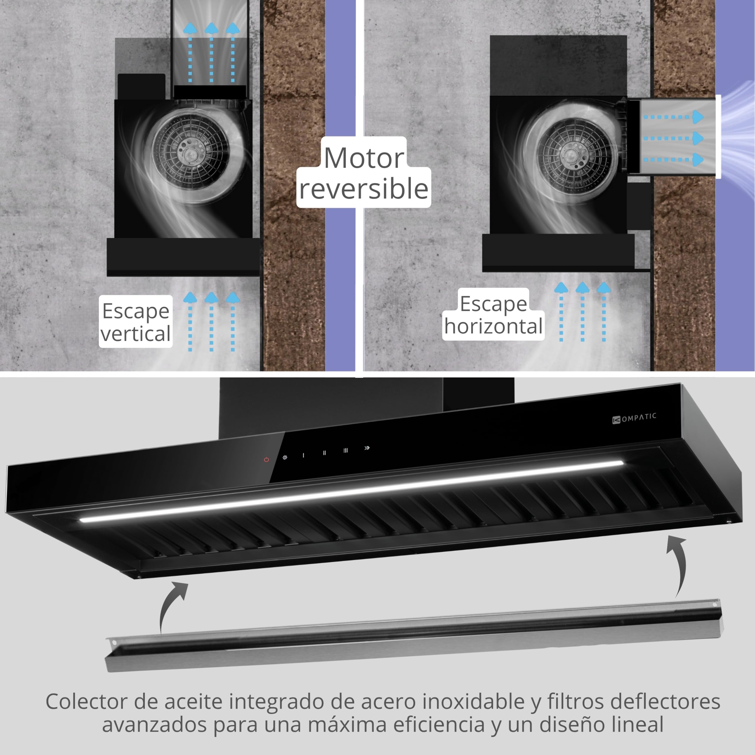 Campana extractora integrable Kompatic Riva 90 KRV90BI, 90 cm, motor brushless 800 m³/h, clase A+++, control táctil, Boost/Super Boost, negro mate.