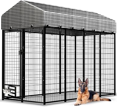 Large Outside Dog Kennel, Outdoor Dog Run Enclosure 8x4x6Including the roof Dog Pen House with Roof Cover Heavy Duty Welded Wire Steel Dog Playpen Animal Fence with Feeding Door