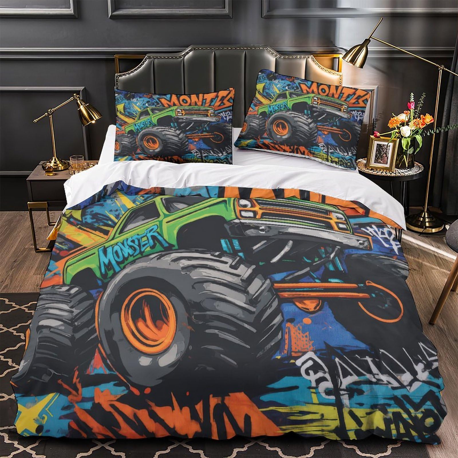 Offroad LKW 3-teiliges Reines Polyester Graffiti Kunststil Bettbezugset, Versteckter Reißverschluss, Für Kleinkinder, Babysicher & Gifffrei, Pflegeleicht King（220x240cm）