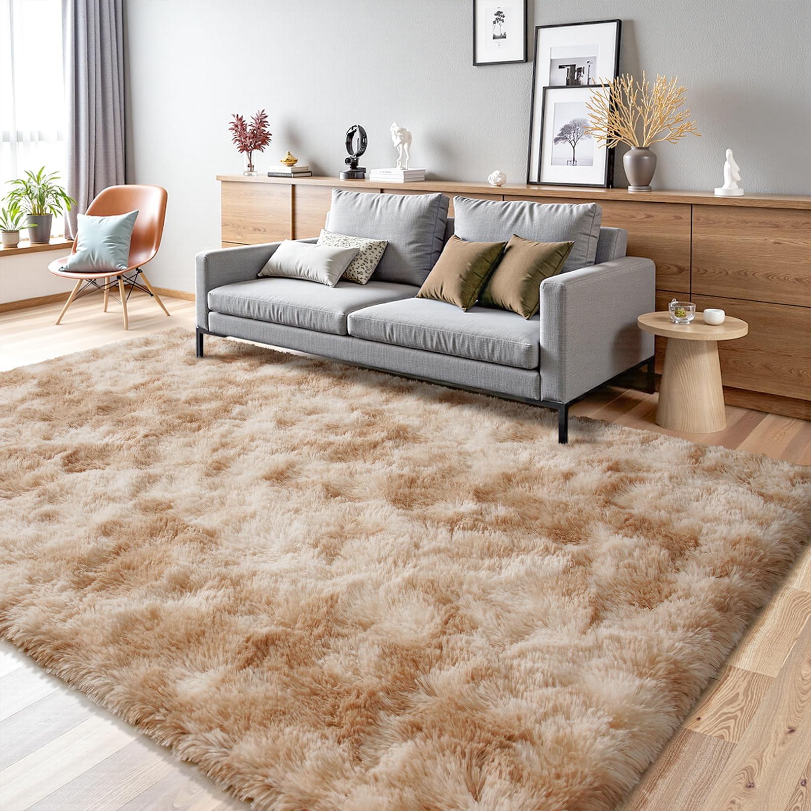 Terrug Fluffy Area Rug for Living Room, Tie-Dyed Beige 6x9 Ft Fuzzy Rug for Bedroom Kids Room, Ultra-Soft Plush Washable Carpet with Non-Slip Rubber