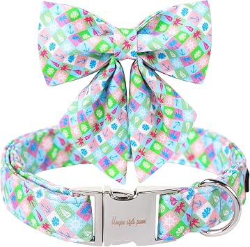 Unique Style Paws Cotton Dog Collar with Bowtie, Blue Summer Dog Collars for Party, Adjustable&Breathable Pets Collar for Small,Large Dogs