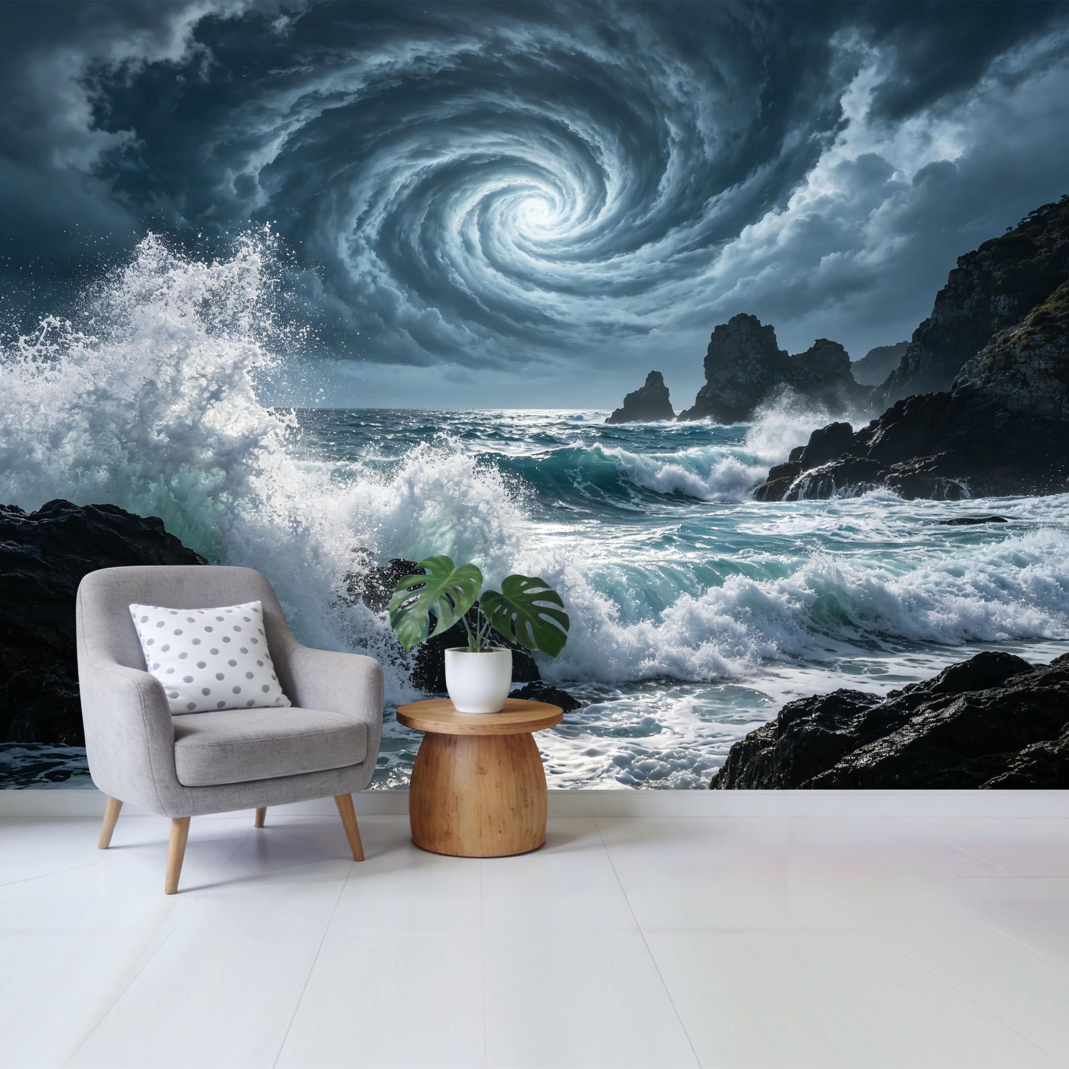 Custom Size Wall Mural Ocean Storm Waves Coastal Landscape Dramatic Sky Swirl Removable Self Adhesive Fabric Home Wall Decor for Living Room Bedroom Bathroom