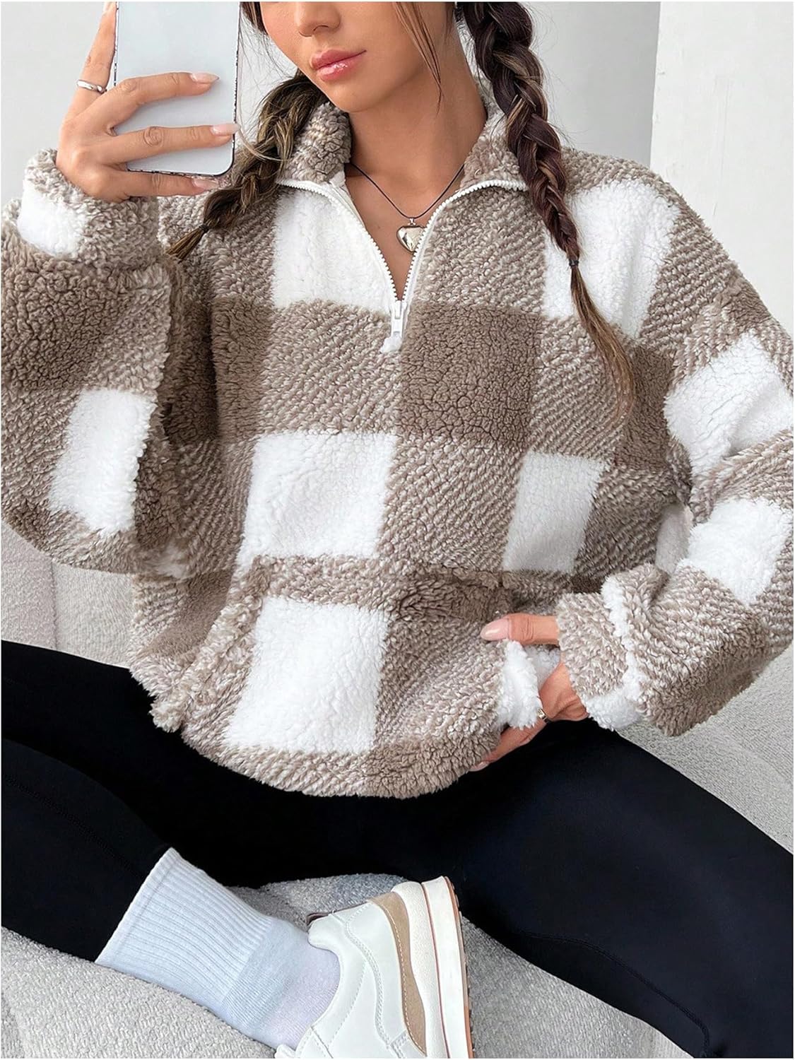 Verdusa Women's Plaid Fleece Sweatshirts Warm Winter Clothing Quarter Zip Pullover with Pockets - Image 5