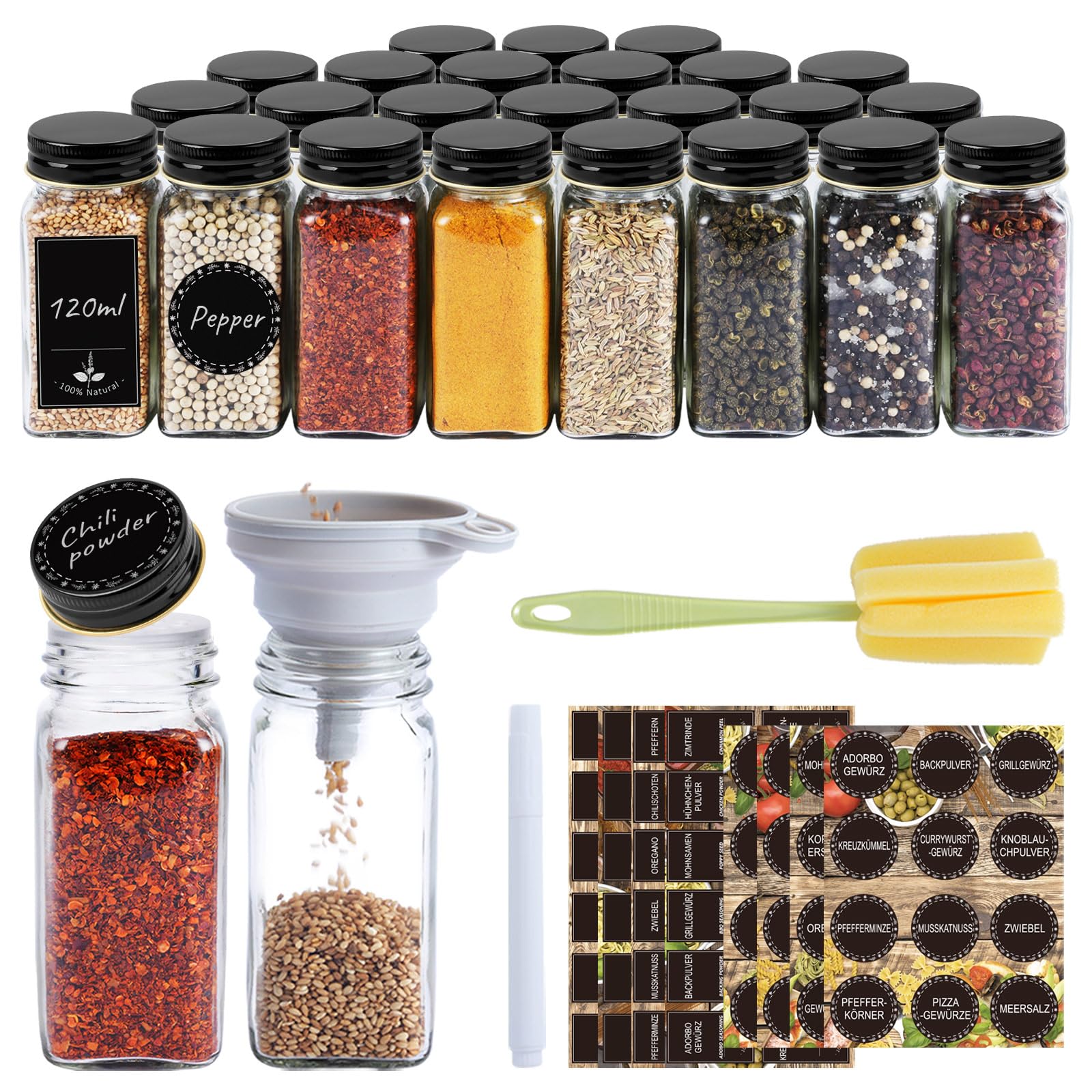 Gewürzgläser Eckig 24er Set 120ml, Gewürzdosen mit Streueinsatz, luftdichtem Schraubdeckel, Inkl. Trichter, Etiketten, Marker & Reinigungsbürste, Gewürzbehälter Glas für Küche & Schublade, HolzDeckel