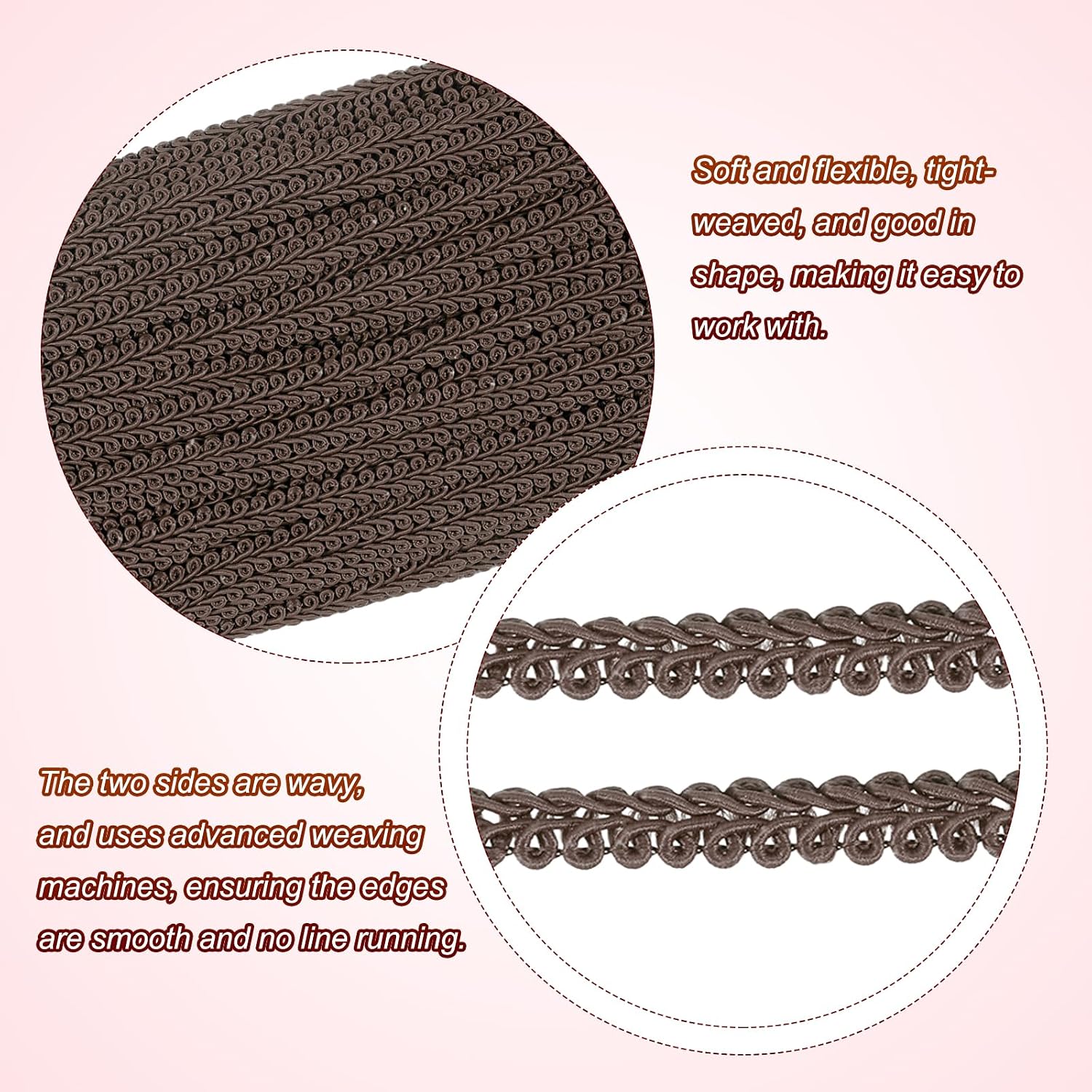 uxcell Gimp Braid Trim, 49 Yards x 1/4"(8mm) Curtain Upholstery Trim for DIY Craft Sewing Accessories, Coffee