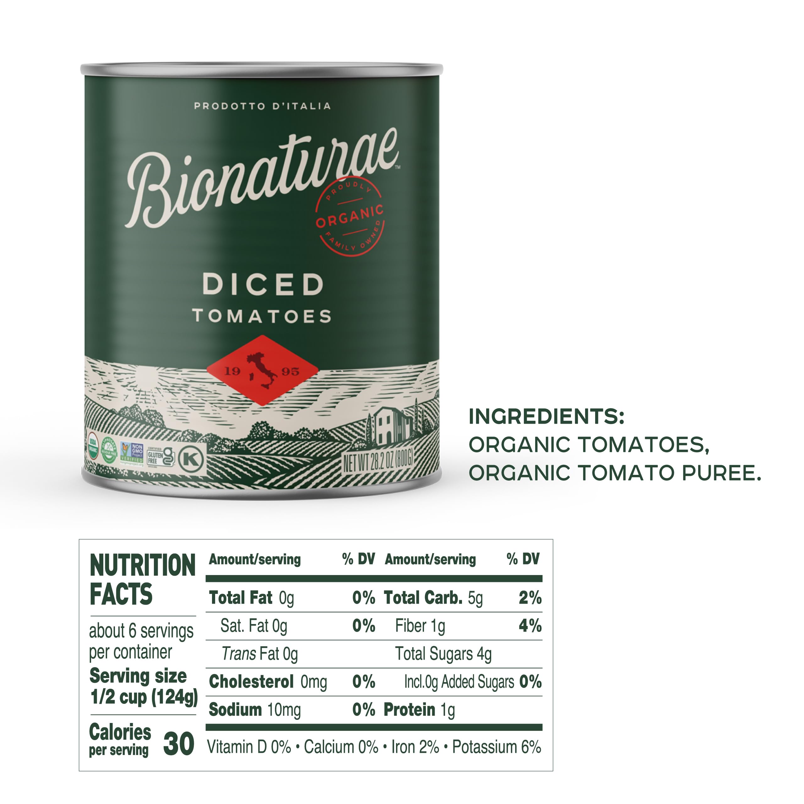 Bionaturae Organic Diced Tomatoes - Diced Tomatoes Can, Diced Tomatoes Organic No Salt, Keto Friendly, Non-GMO, No Added Sugar, No Added Salt, Made in Italy - 28.2 Oz, 12 Pack