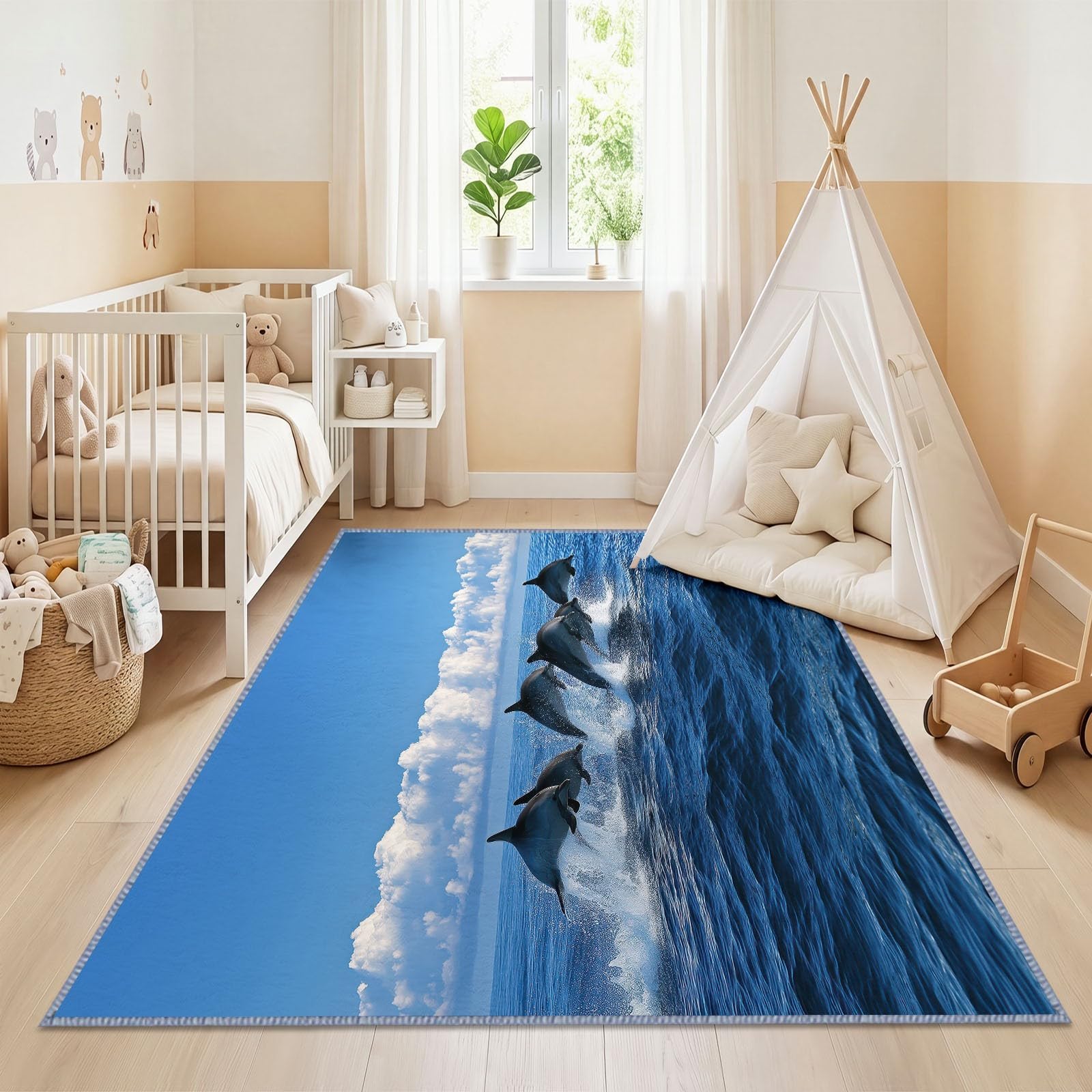 Grand Tapis Salon 140x200cm Photo Océan Animal Sauvage, Tapis de Salon Lavable en Machine Antidérapant à Poil Ras, Dauphin Sautant Surface Océan Doux Tapis Chambre Adulte pour Salle à Manger Couloir