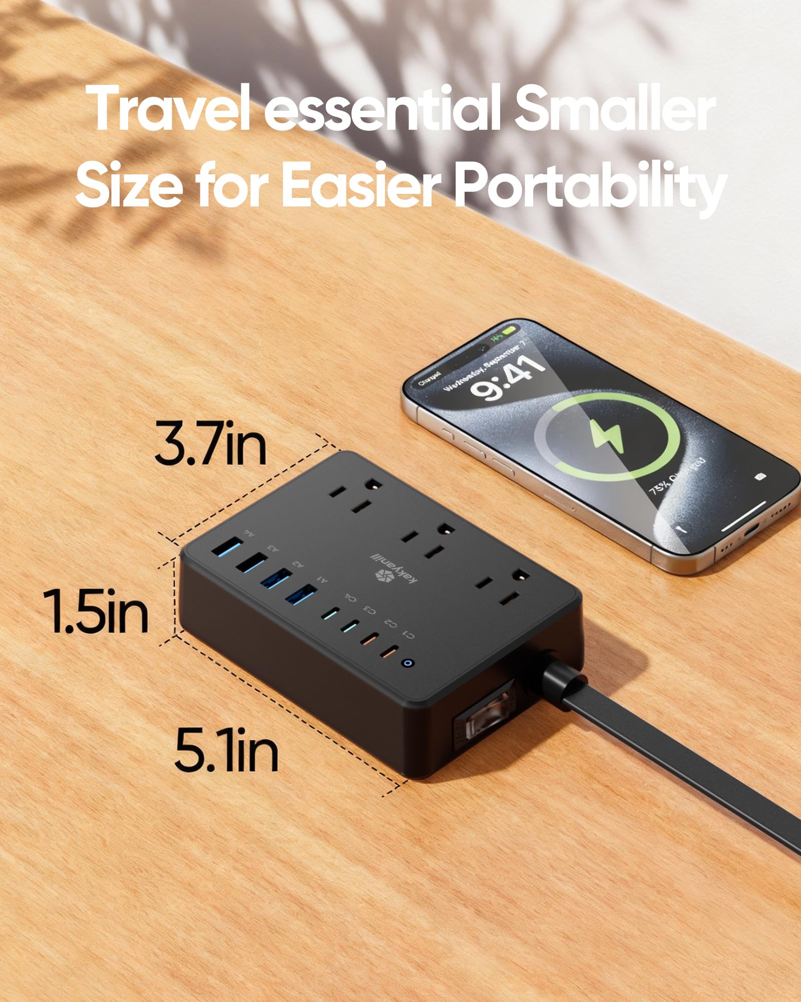 Kakyanill - 100W Steckdosenleiste, 6 AC-Ausgänge, 8 USB-Ports (4 USB C) mit Überspannungsschutz 2000J, 5 Fuß Flachstecker Verlängerungskabel, kompakt für Computer