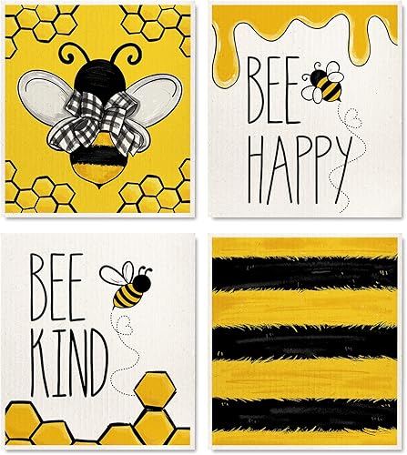 AnyDesign Paños de cocina reutilizables de abeja sueca, abeja, abeja, feliz, algodón absorbente, paño de limpieza para primavera y verano, toallas