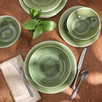 Gibson Home Casper Court 16-Piece Melamine Dinnerware Set Green Reactive Glaze Look Plates and Bowls, Service for 4 Top Rack Dishwasher Safe Everyday Dining Set