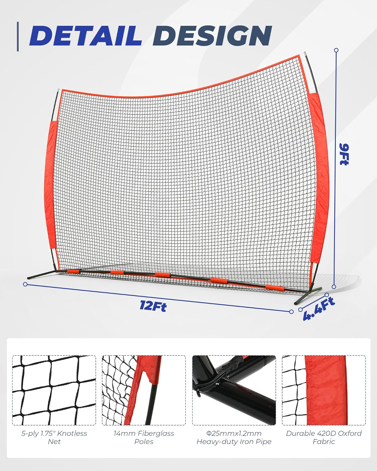Barricade Backstop Net, 12x9ft/16x10ft/20x10ft Ball Sports Barrier Netting, Protection Screen for Baseball Softball Lacrosse Basketball Soccer Hockey Training for Backyard with Carry Bag
