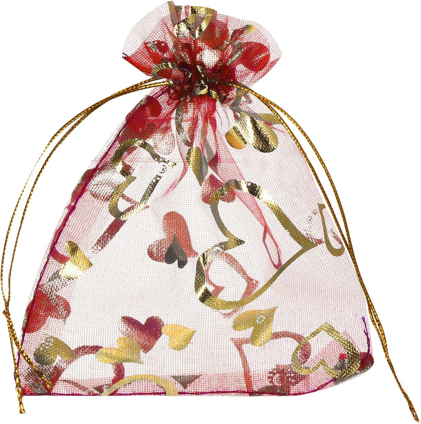 MECCANIXITY Organza Bag 4" x 6", Sheer Heart Mesh Bags Drawstring Gift Bags Bulk Party Favor Bag Jewelry Pouches for Wedding Candy Valentines Wedding Festival (Red-Gold, Pack of 50)
