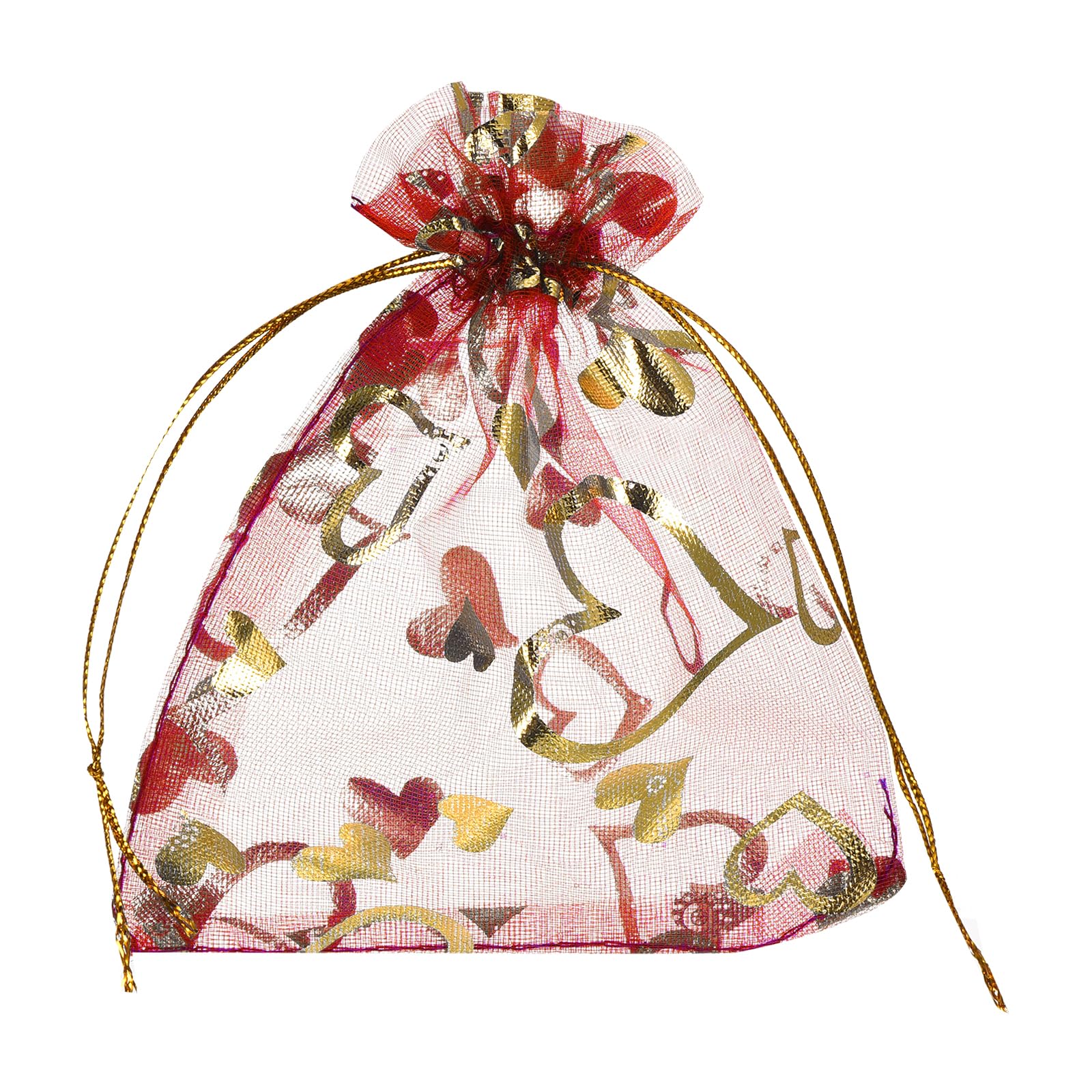 sourcing map Organza Bag 10x15cm,Sheer Heart Mesh Bags Red-Gold,50pcs