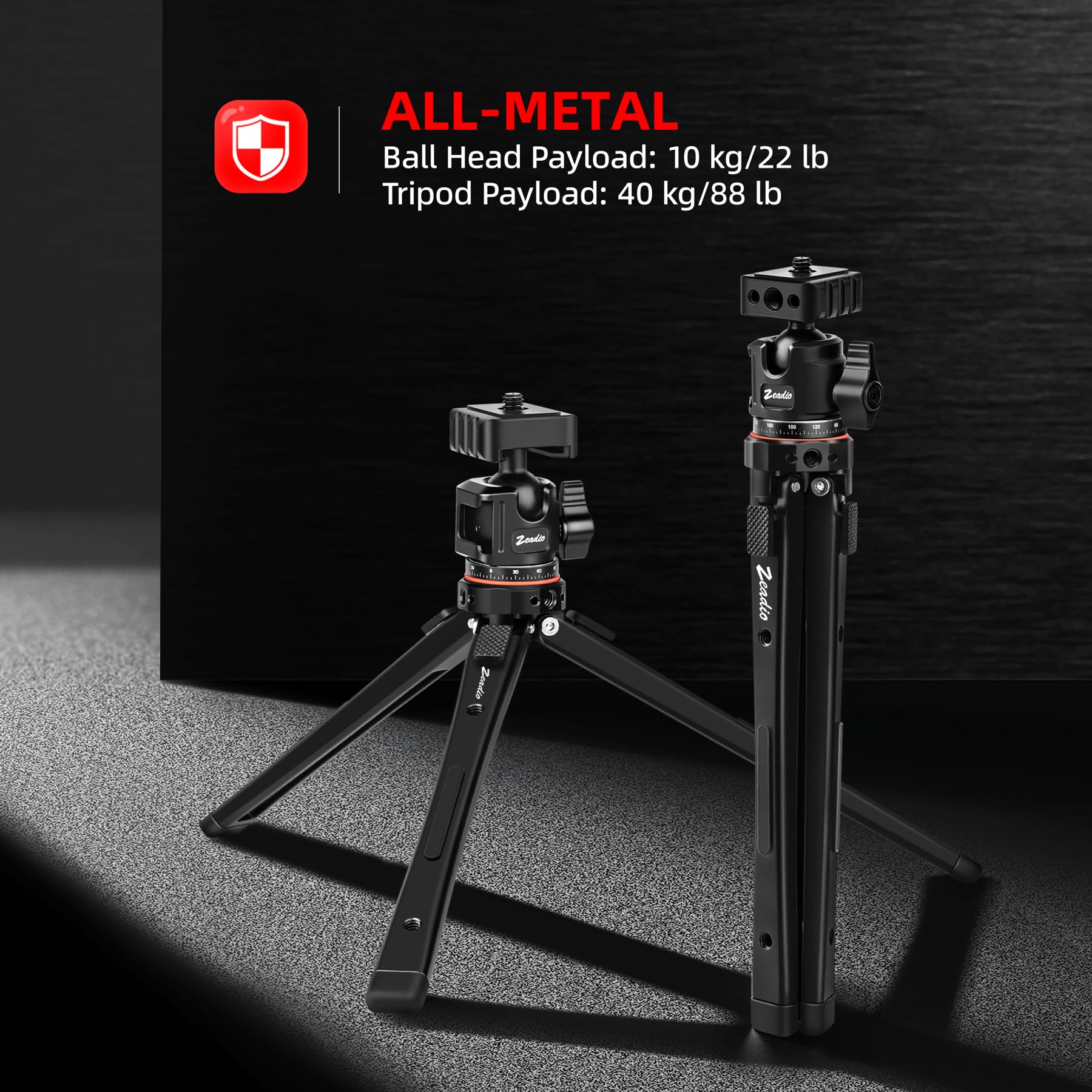 Zeadio Trípode de cámara ajustable de metal, carga máxima de 40 kg, con soporte de cabeza de bola de tornillo de 1/4 pulgadas 3/8 pulgadas, soporte de trípode de escritorio para estabilizadores de