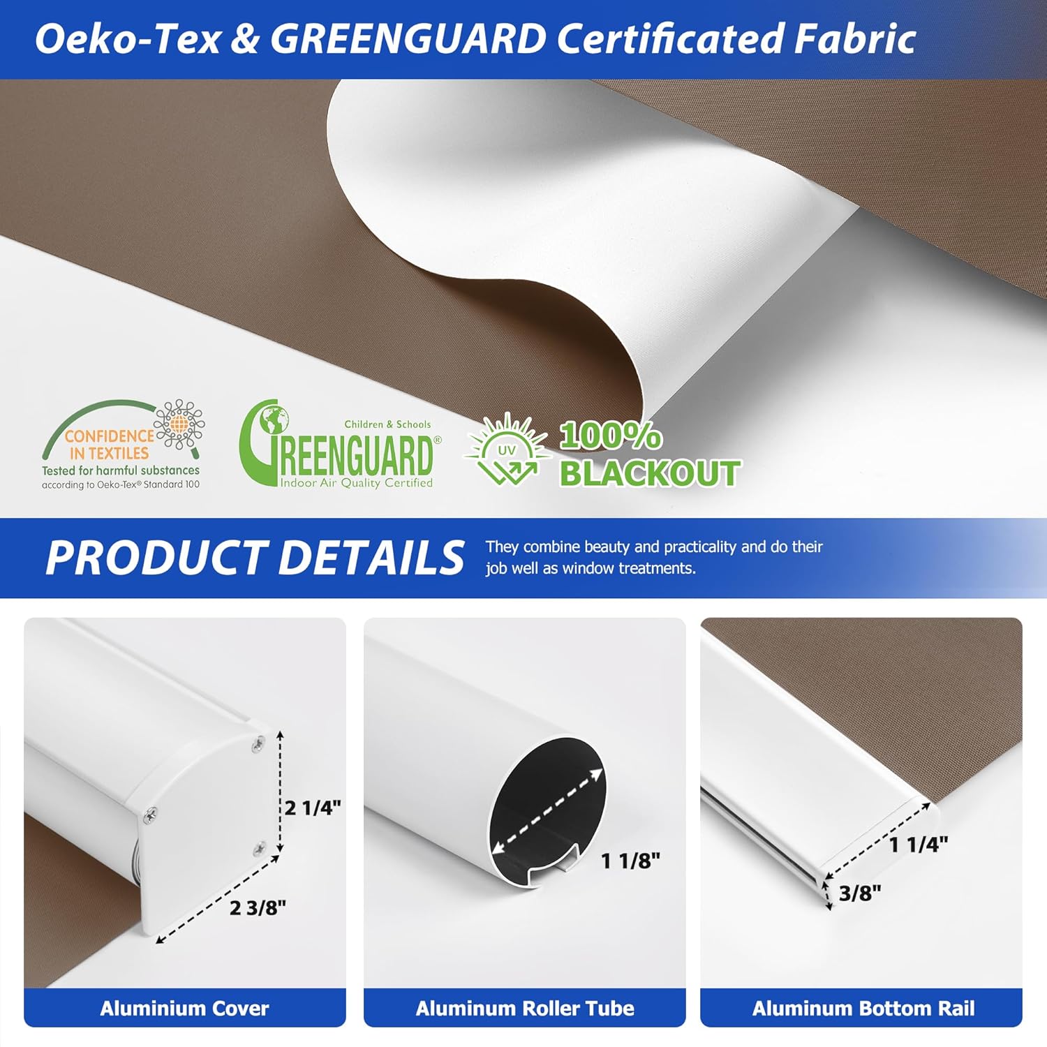 LazBlinds Cordless Roller Shades, Free-Stop Blackout Roller Blinds with Cassette Valance, Thermal Insulated UV Protection Waterproof, Roll Up Blinds for Windows, 51'' W x 72'' H, Taupe Taupe 51" W x 72" H (Fabric: 50 1/4" Width)