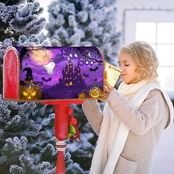 Halloween Scary Night Pumpkin Lanterns Mailbox Covers Magnetic Standard Size 18 X 21,Ghost Bat Castle Boo Purple Mailbox Wraps Post Letter Box Cover for Holiday Garden Yard Decor