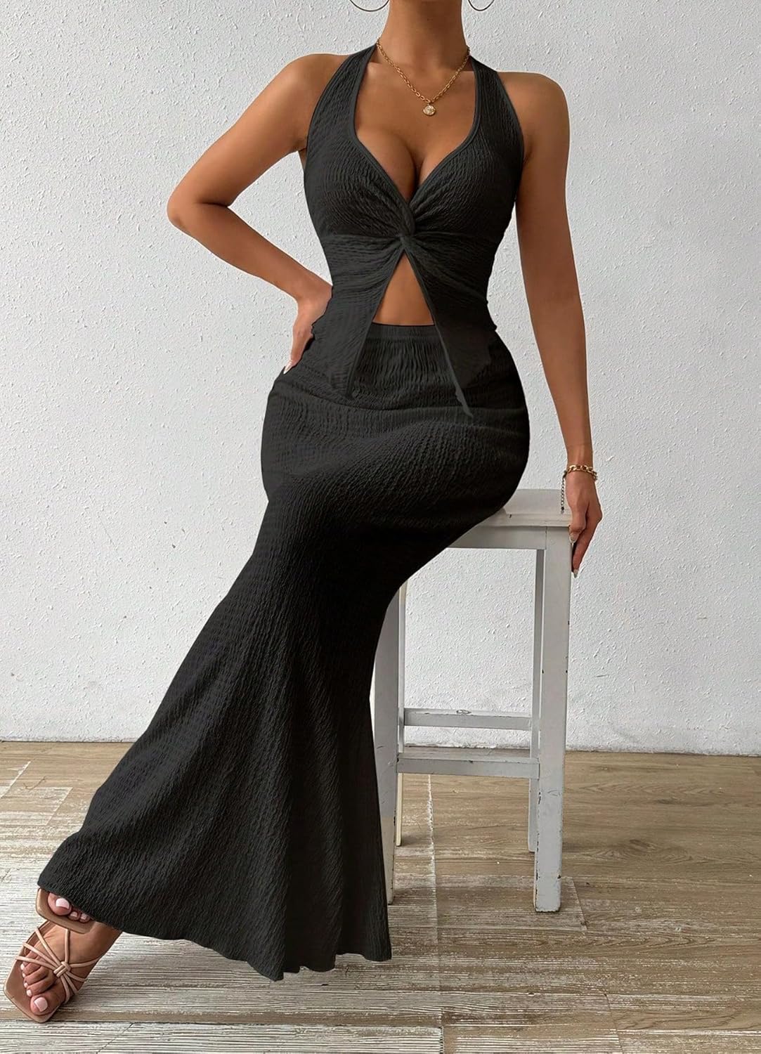 Two Piece Skirt Outfits for Women 2025 Twist Halter Crop Top and Maxi Skirt Sets 2 Piece Summer Vacation Set - Image 5