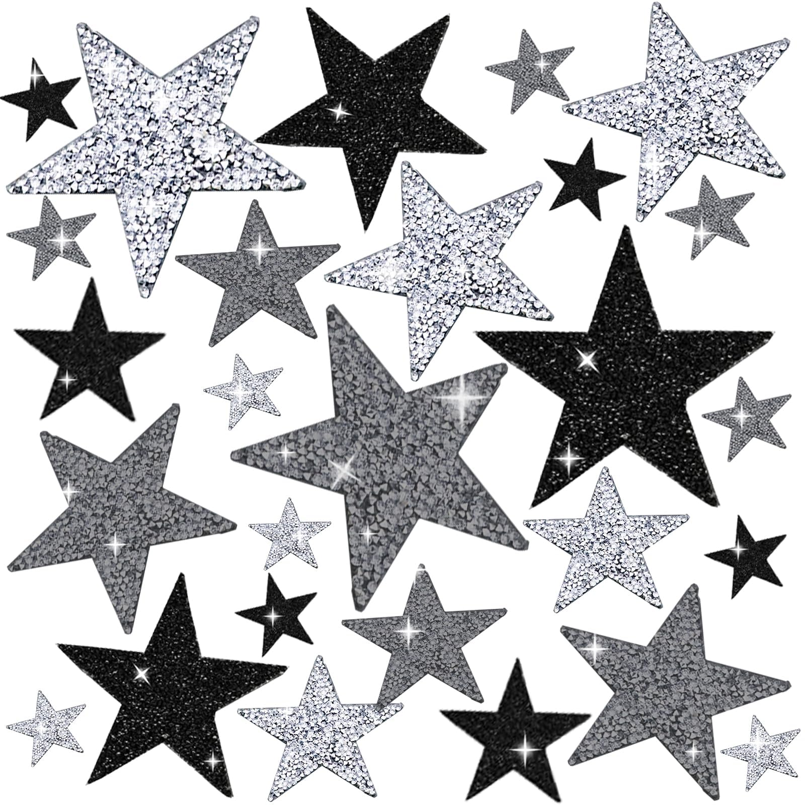 27 Pieces Rhinestone Star Patches for DIY, 4 Sizes Iron On Adhesive Glitter Star Appliques for Clothing Repair and Decoration (Black,Silver,Grey, Mixed Size)