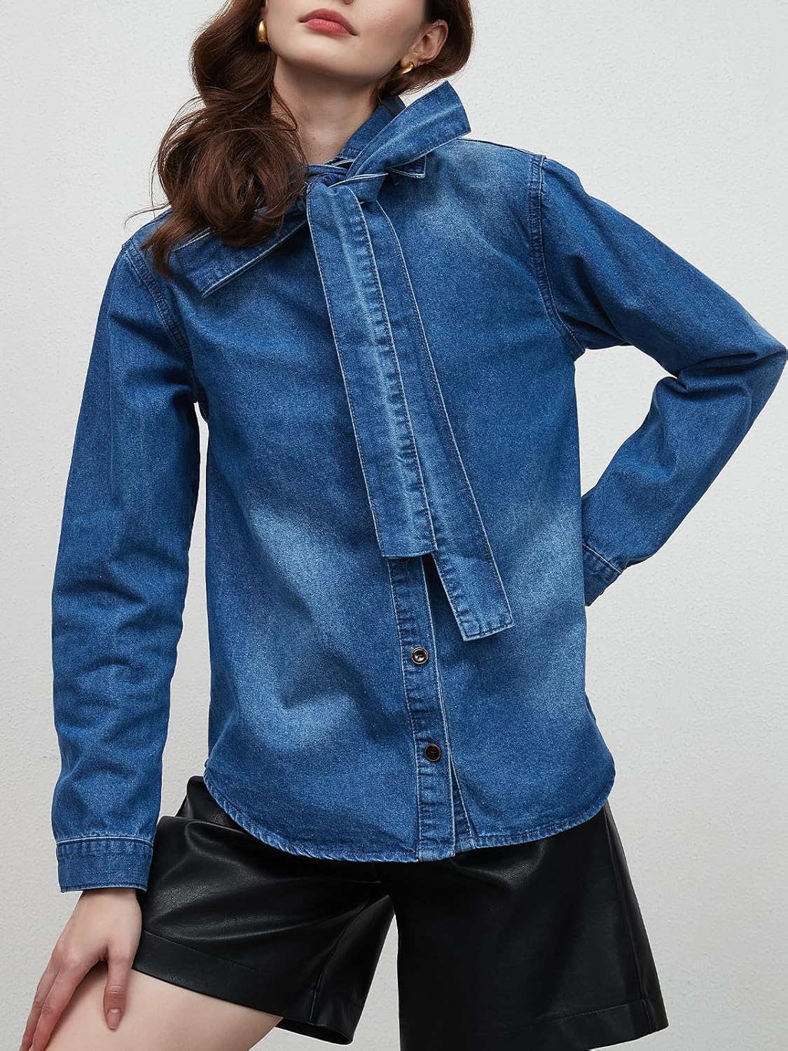 Women's Bow Tie Denim Shacket Jacket Button Down Long Sleeve Jean Shirt Tops - Image 6