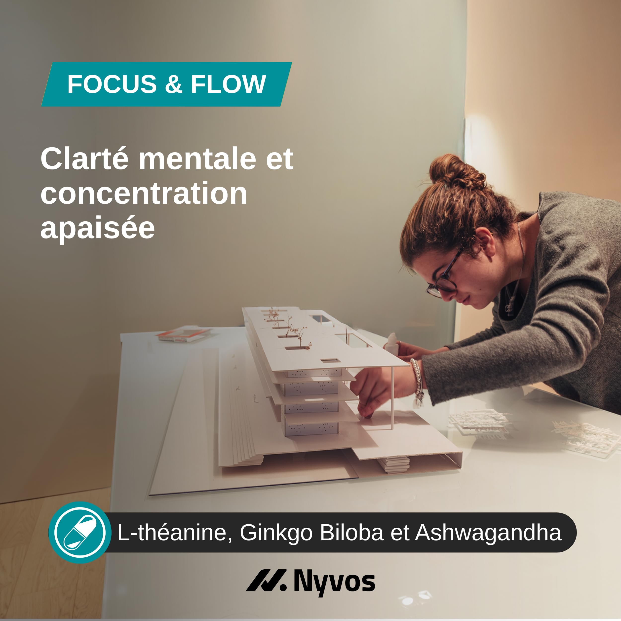 L-Théanine, Ginkgo Biloba, Ashwagandha – Nootropique avec Bacopa Monnieri, caféine naturelle, vitamines B6 & B12 fortement dosées | Focus, concentration & énergie sans nervosité | 90 gélules véganes