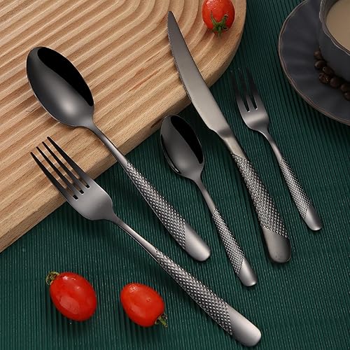 Miniatura 5 de Juego de cubiertos martillados negros para 6 cubiertos de acero inoxidable a prueba de óxido, 18 piezas, tenedores y cucharas, utensilios de cocina