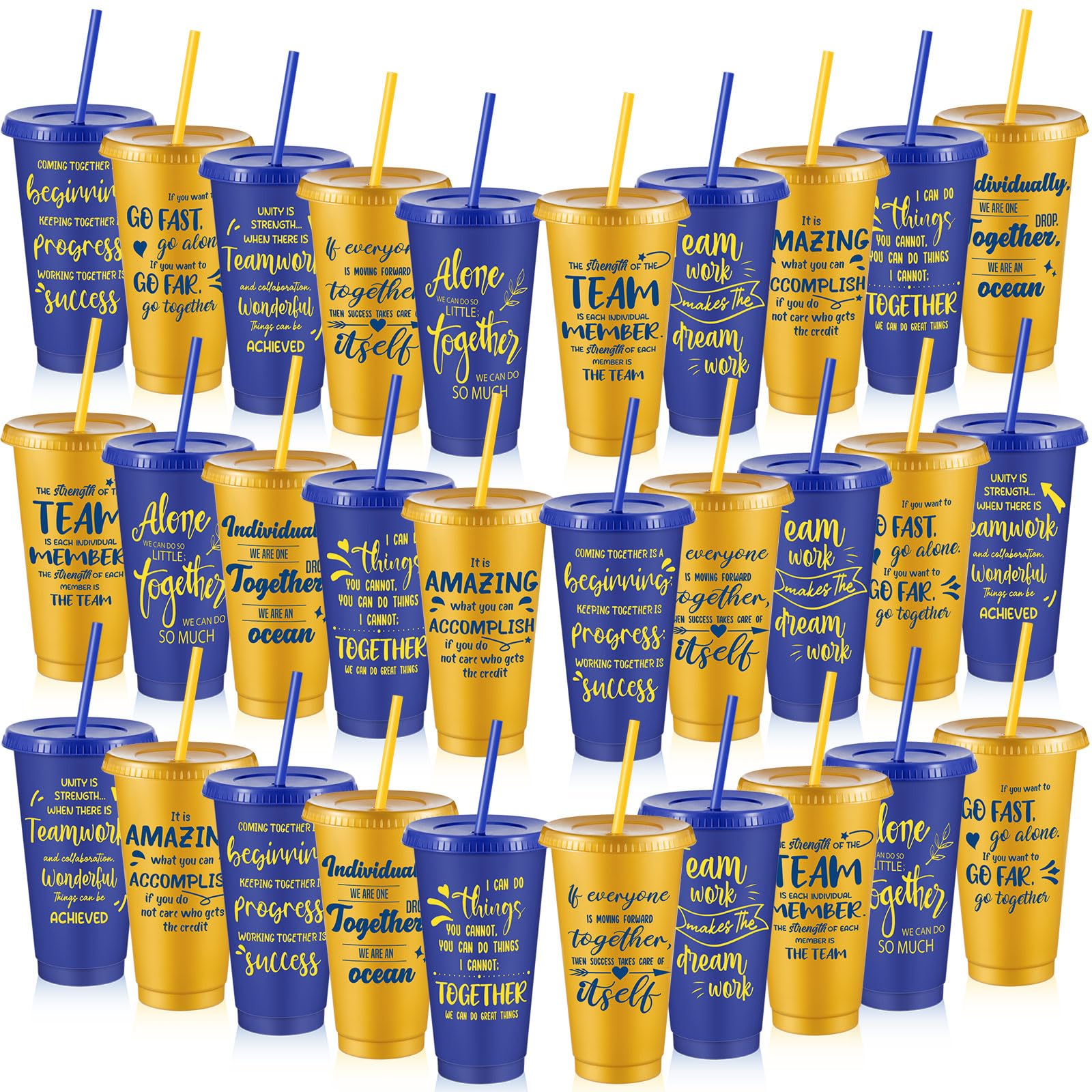 Uiifan Lot de 30 gobelets réutilisables en plastique avec couvercles et paille – Cadeau de reconnaissance des employés – Cadeau de reconnaissance des employés – 710 ml (bleu, doré)