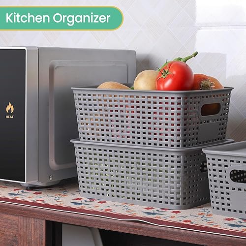 Miniatura 6 de Cestas de almacenamiento de plástico con tapa, contenedores de almacenamiento de plástico, apilables, cestas de almacenamiento para organizar