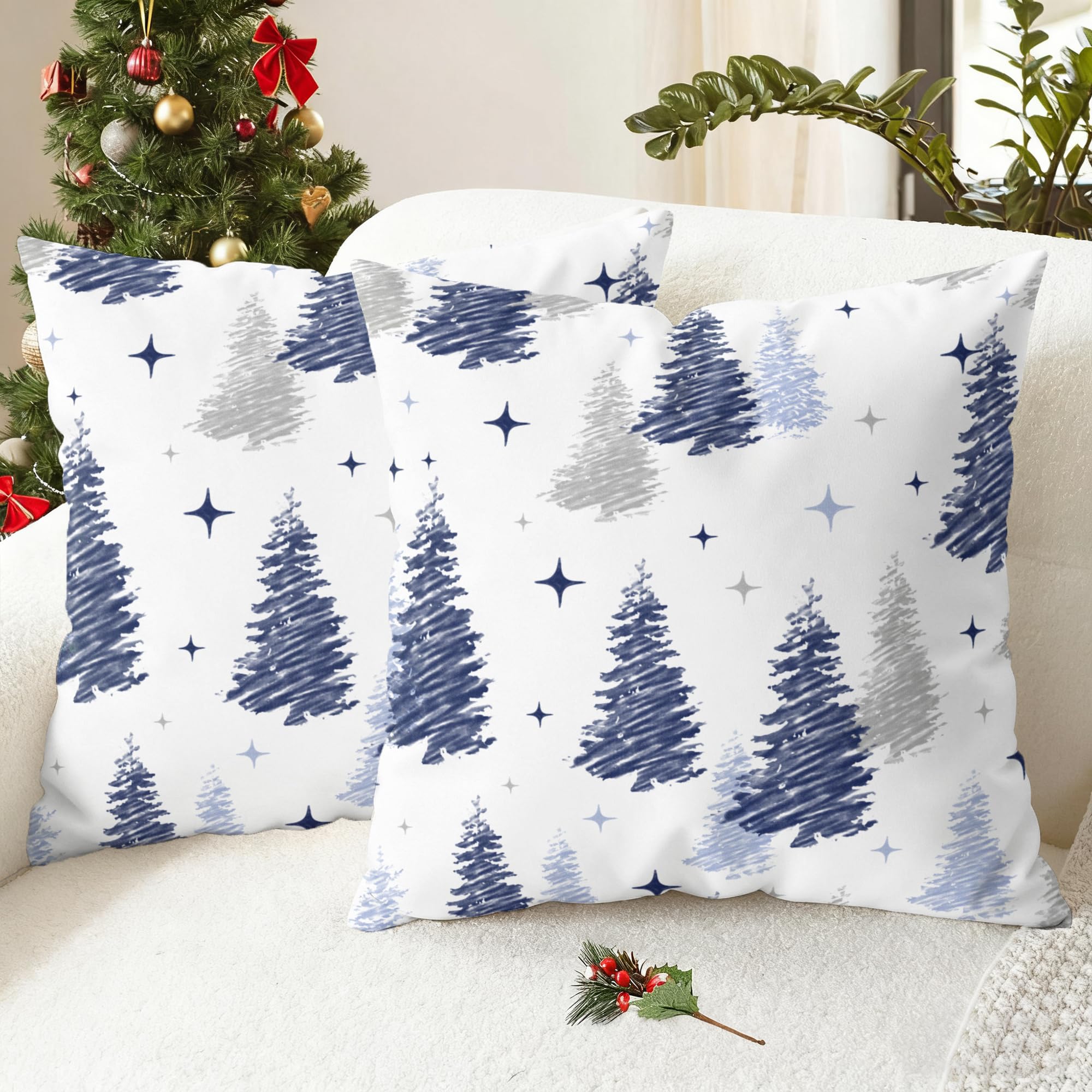CaliTime Throw Pillow Cases Pack of 2 Cozy Fleece Christmas Trees Stars Decorative Cushion Covers for Couch Bed Sofa Farmhouse Decoration 45cm x 45cm Navy Blue