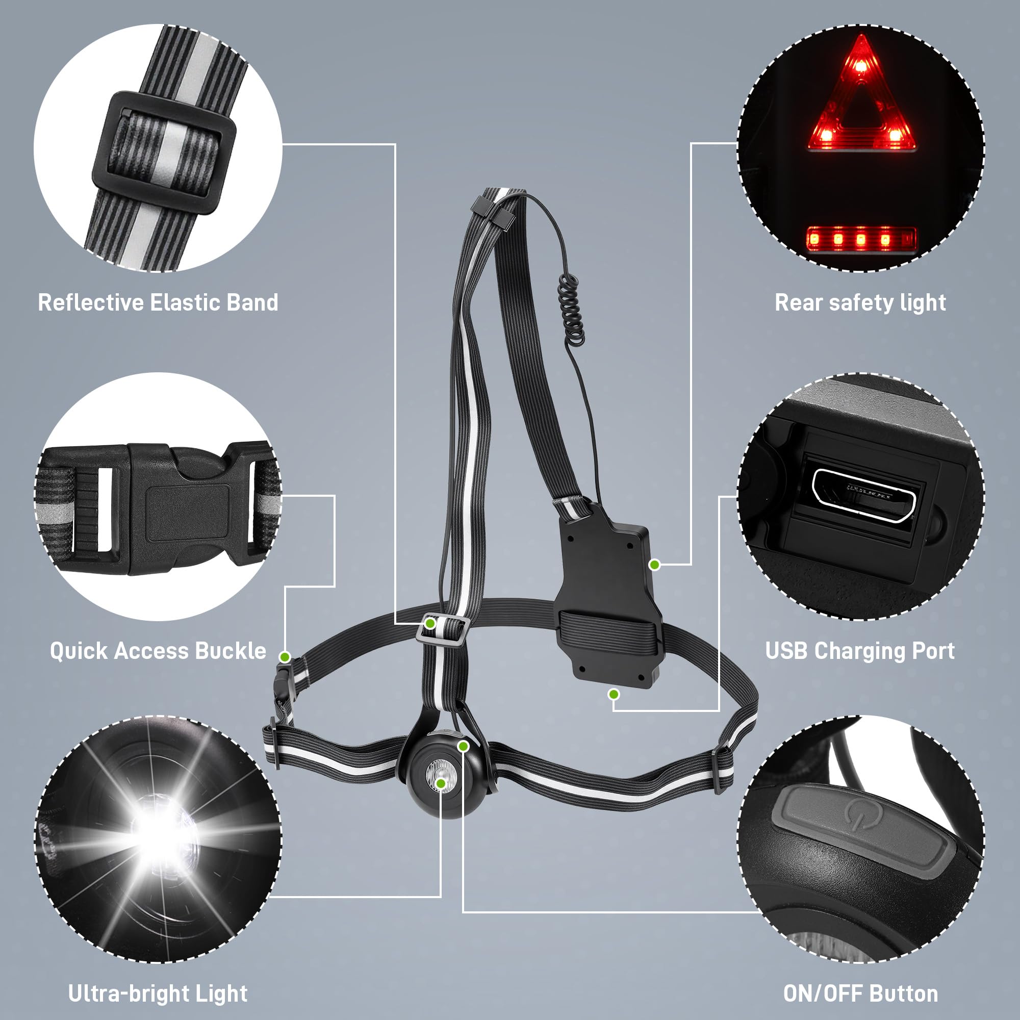 JIZZU Luce Ricaricabile USB per Corsa, 3 Modalità, Impermeabile, Ruotabile 90°