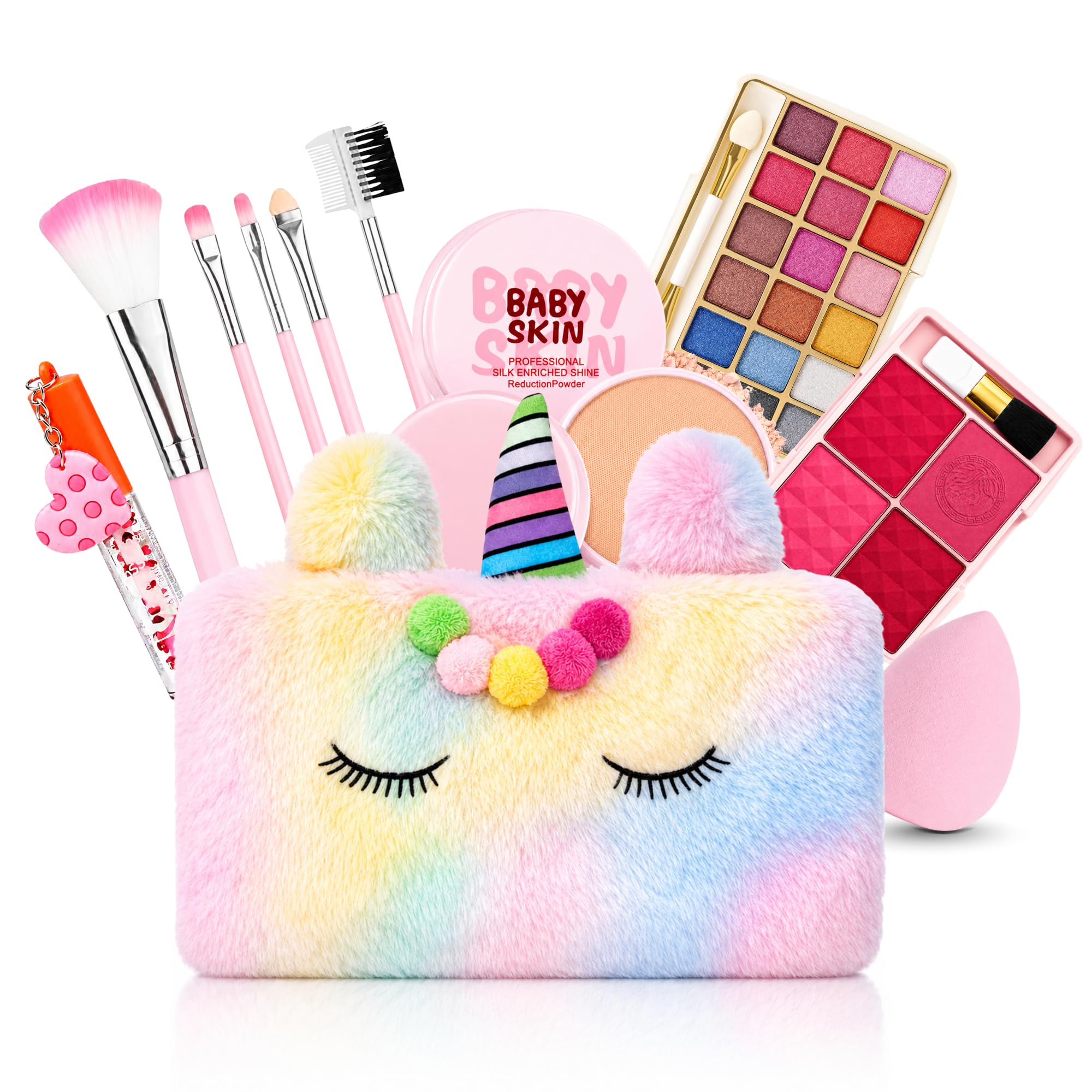 Real Kids Makeup Kit for Girls | 15 Pcs Unicorn Soft Bag with Beauty Set | Washable Play Makeup Kit includes Eyeshadow, Blush, Compact Powder, Lip Gloss, Beauty Blender & Brushes | Birthday Gift for Ages 7–16 (Rainbow)-image-32