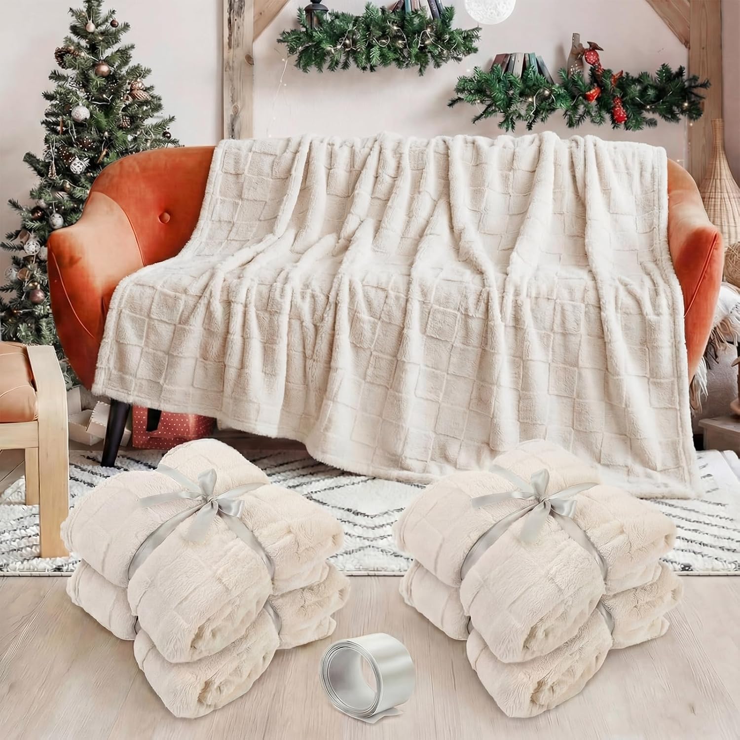 4 Pcs Fleece Throw Blankets Bulk 60 x 80 Inch Warm 3D Checkered Flannel Blankets, Large Bedding Fleece Throws Lightweight Queen Size Fuzzy Blanket for Sofa Bed Couch Homeless Gifts