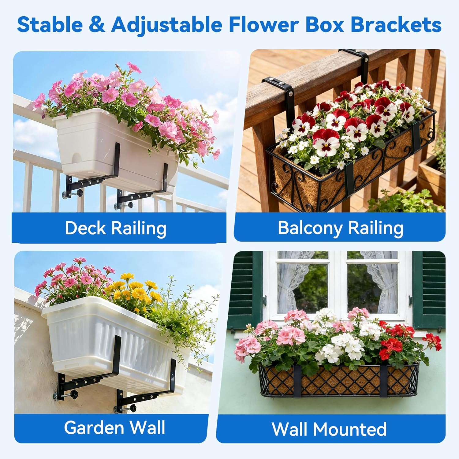 Halatool 2-Pack Adjustable Window Box Bracket, Heavy Duty Wall Mount Planter Holder for Outdoor Window Flower Boxes on Balcony, Porch, Fence and Patio