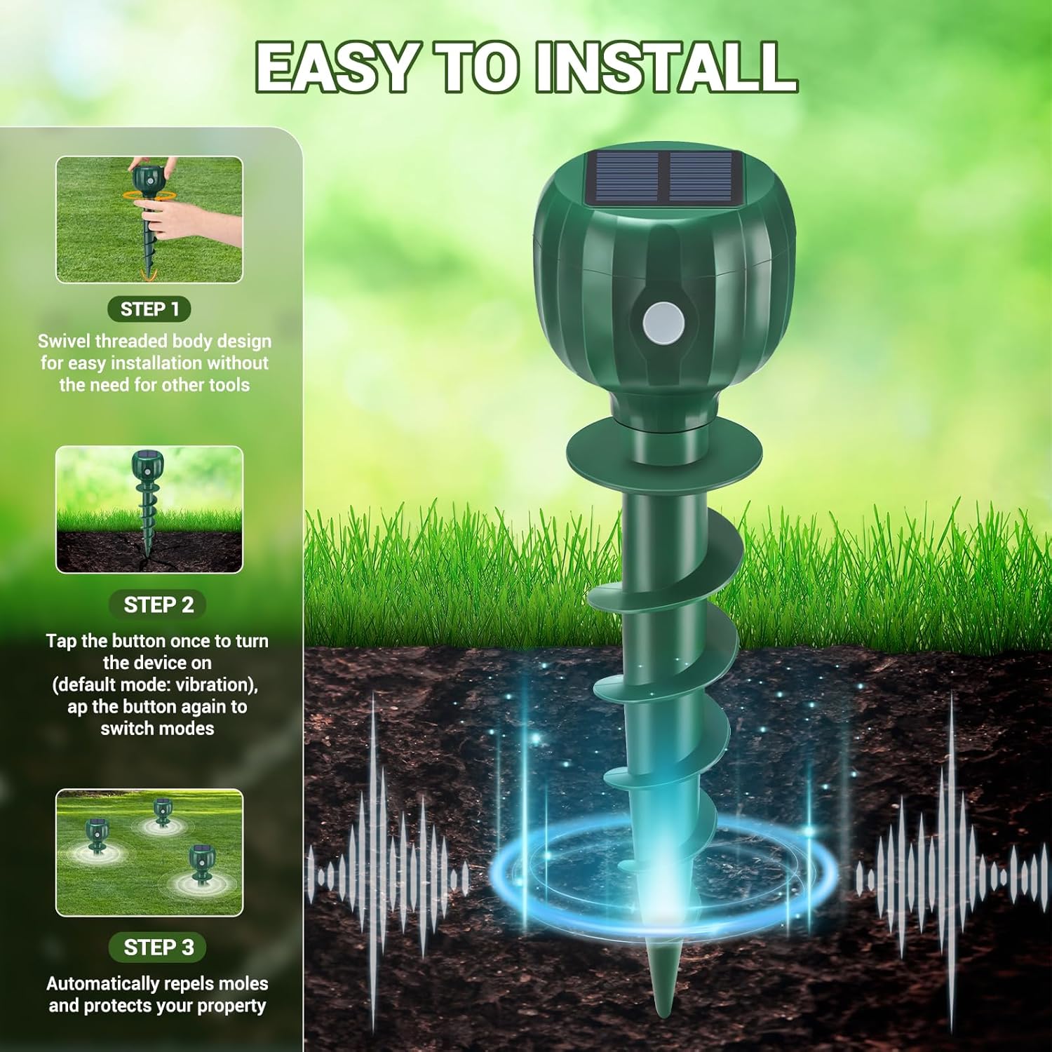 Solar Powered Mole Repellent - 3 Modes, IPX7 Waterproof, Ultrasonic Gopher Vole Repellent for Outdoor Use - Sonic Mole Spikes Deterrent for Moles, Groundhogs, Chipmunks in Lawns, 8 Pack