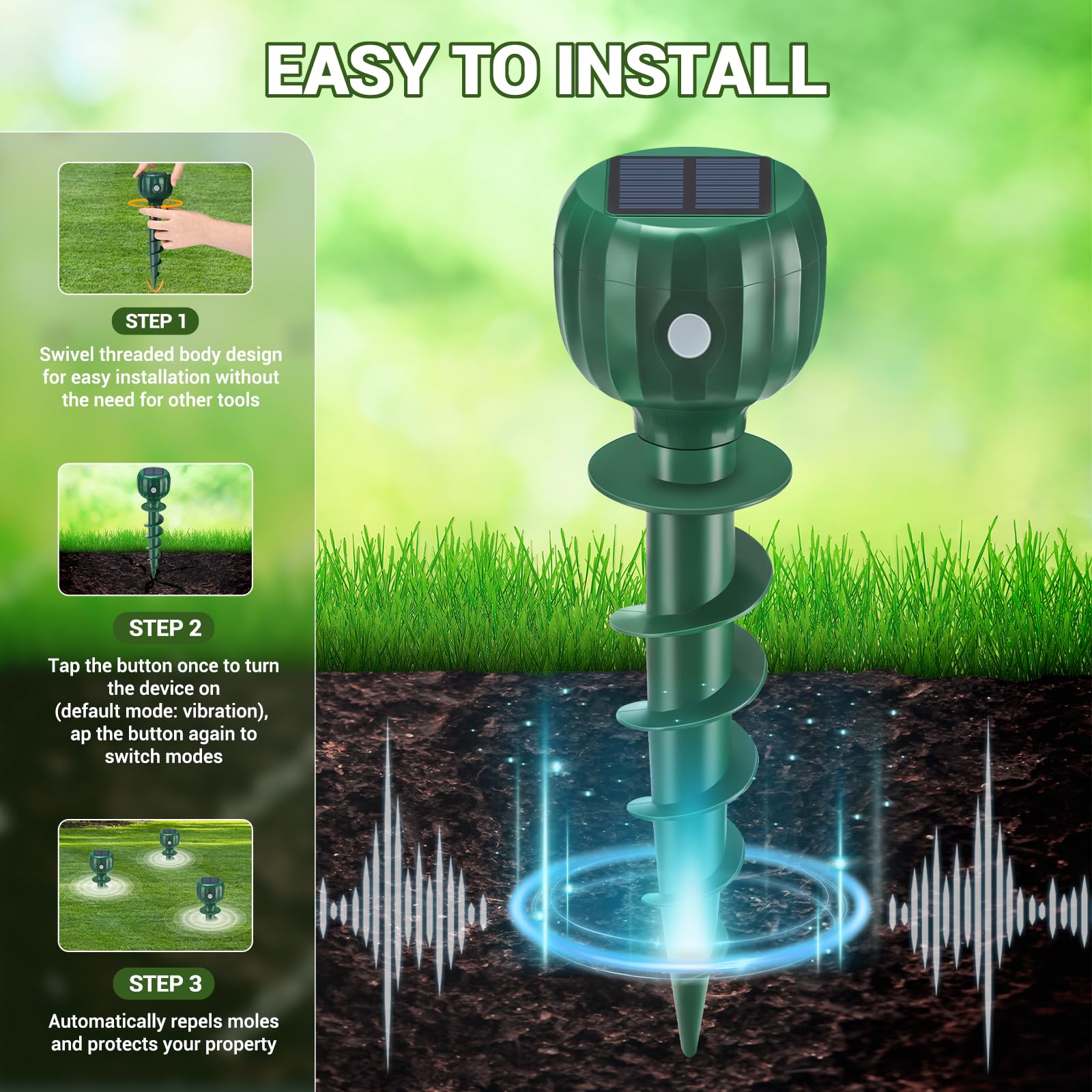 Repelente de topos alimentado por energía solar, 3 modos, impermeable IPX7, repelente ultrasónico de topos para uso en exteriores, disuasorio de picos sónicos para topos, marmotas, ardillas en césped