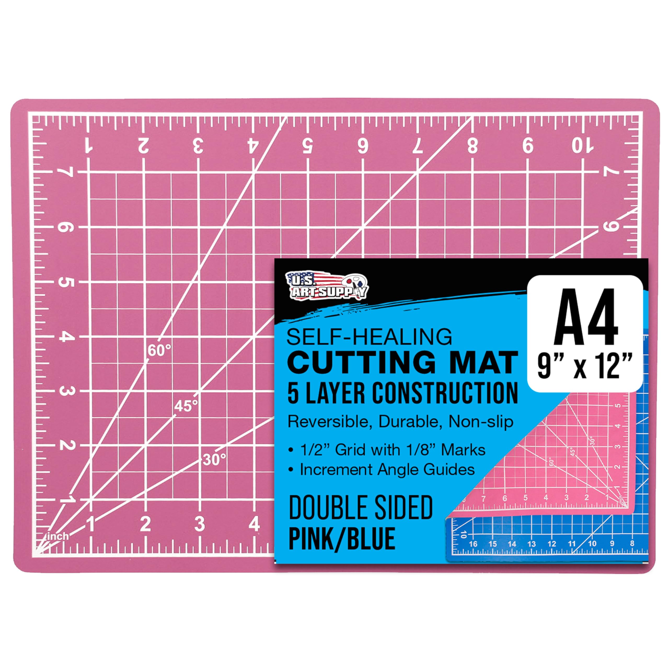 U.S. Art Supply 9" x 12" Self-Healing Cutting Mat 5-Ply - Double-Sided Pink/Blue Craft Mat, Non-Slip Cutting Mats for Crafts, Sewing, Quilting, Scrapbooking