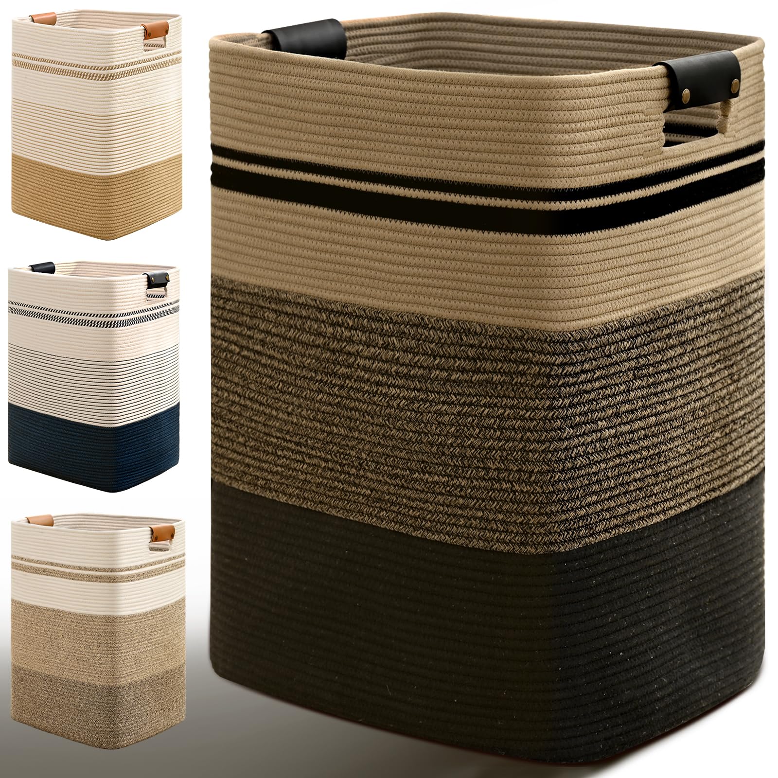 Laundry Hamper, 105L Tall Laundry Basket with Leather Handles, Rectangle Large Clothes Hamper for Organizing, Cotton Woven Laundry Baskets Storage Hampers for Bedroom, Nursery, Living Room