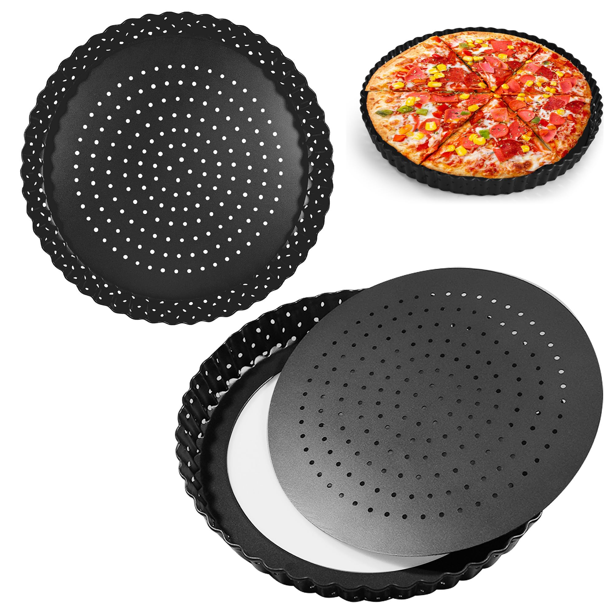 Lot de 2 moules à quiche perforés avec fond amovible 26 cm | Moule à quiche rond et perforé anti-adhésif à fond amovible avec trous pour la cuisson