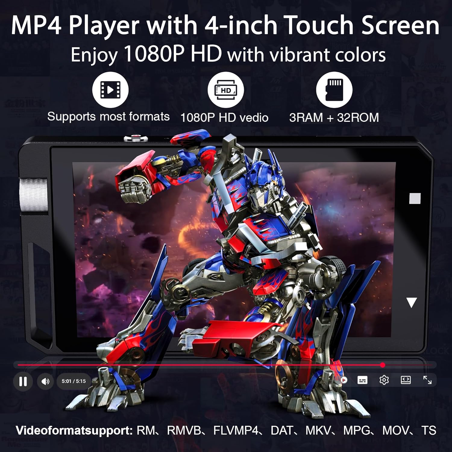 Image showing the Aiandcc M12 MP3 Player displaying a video, with icons indicating support for various formats, 1080P HD video, 3GB RAM, and 32GB ROM.