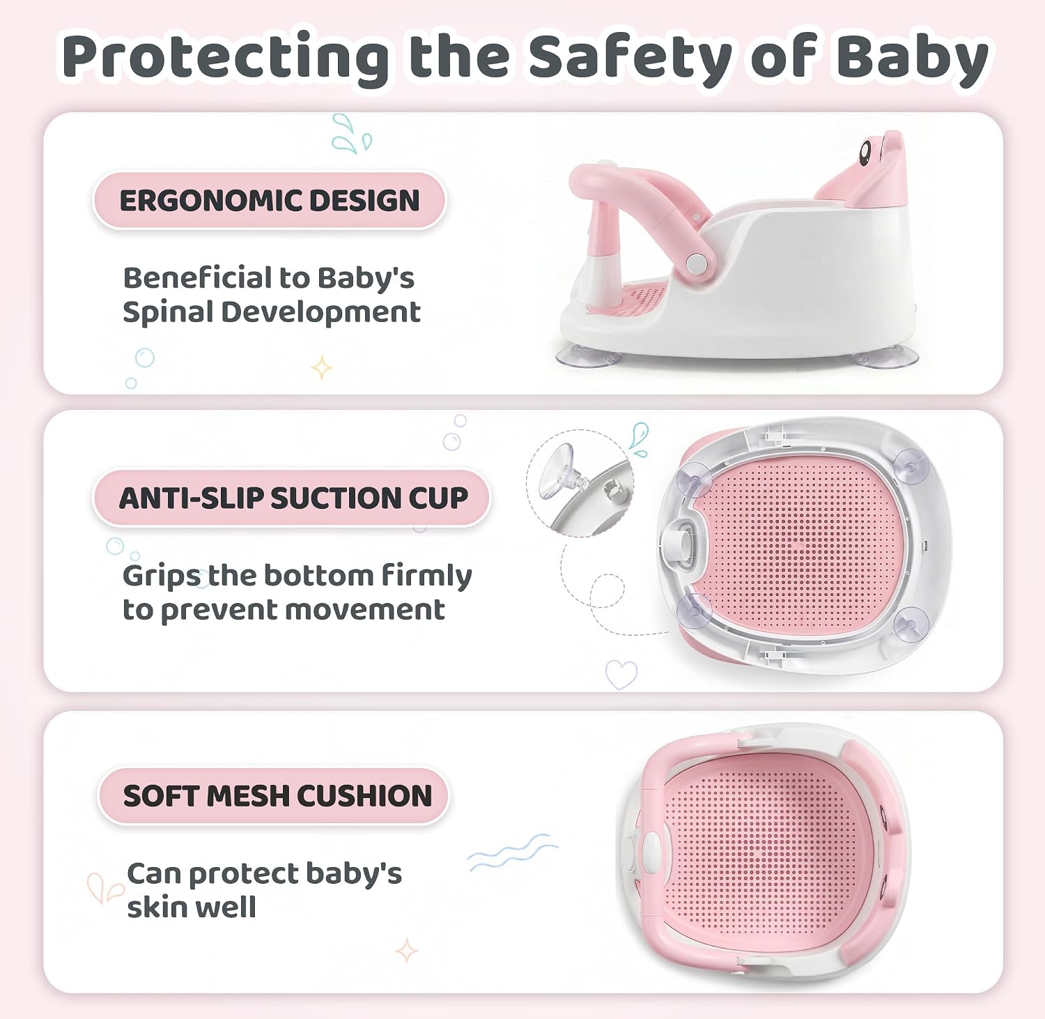 Baby Bath Seat for Babies 6 Months & up, Non-Slip Infant Bathtub Seat with Suction Cups, Toddler Bath Support for Tub for Sitting Up, Pink
