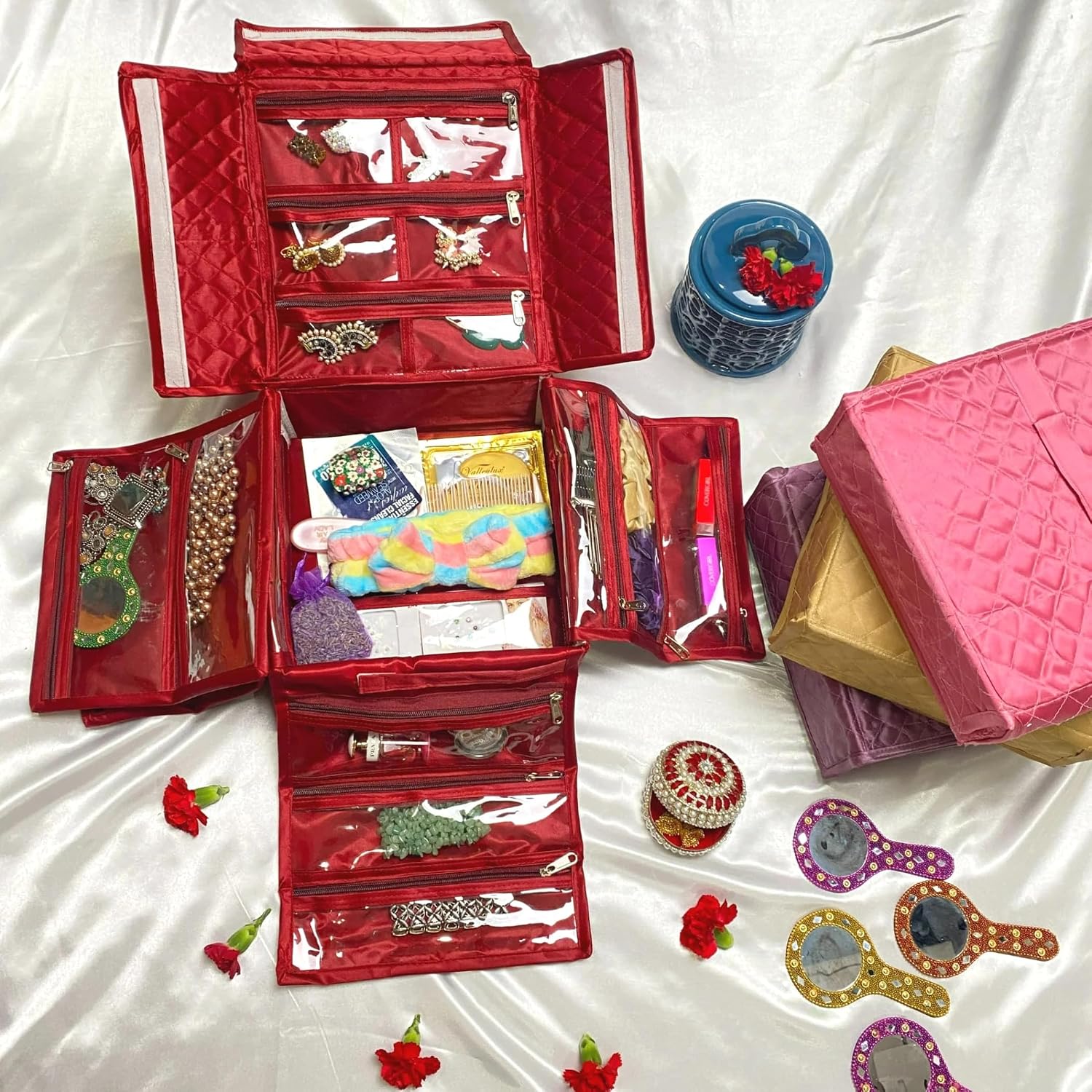 LOVENSPIRE Handmade Jewelry Organizer Foldable Cloth Bag Travel Kit with Transparent Pockets for Earrings Bracelet Traveling Essentials Vanity Housewarming Gift